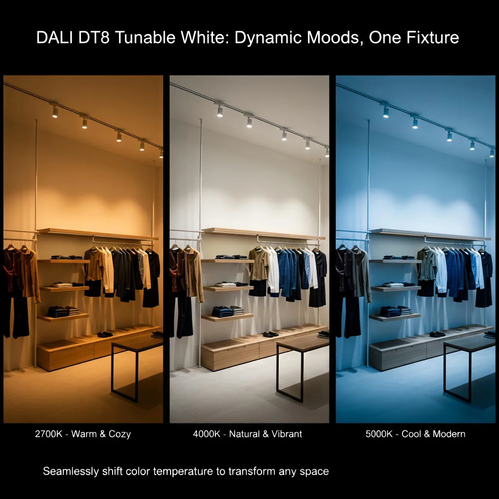 DALI DT8 Tunable White track lighting demonstrating CCT changes from 2700K to 5000K.