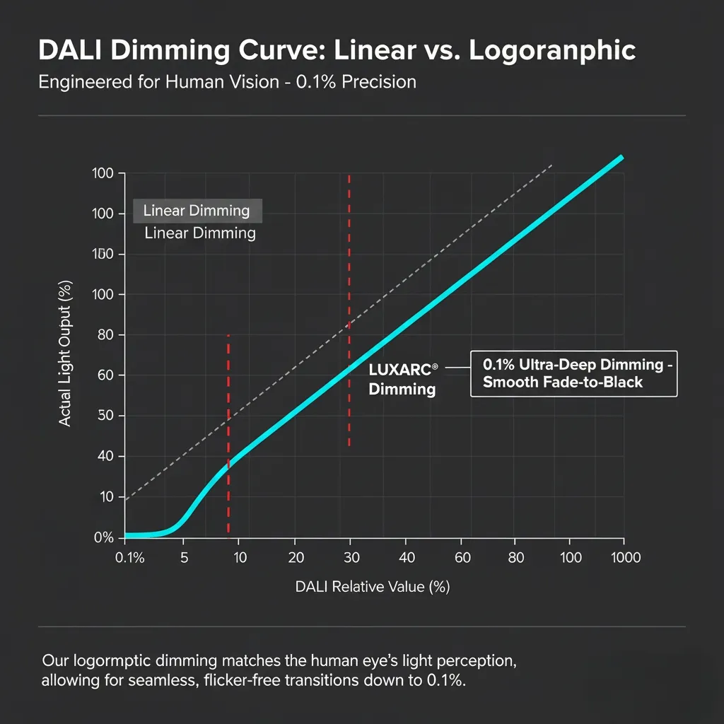 Logarithmic dimming curve chart for 0.1 percent deep dimming DALI track lights.