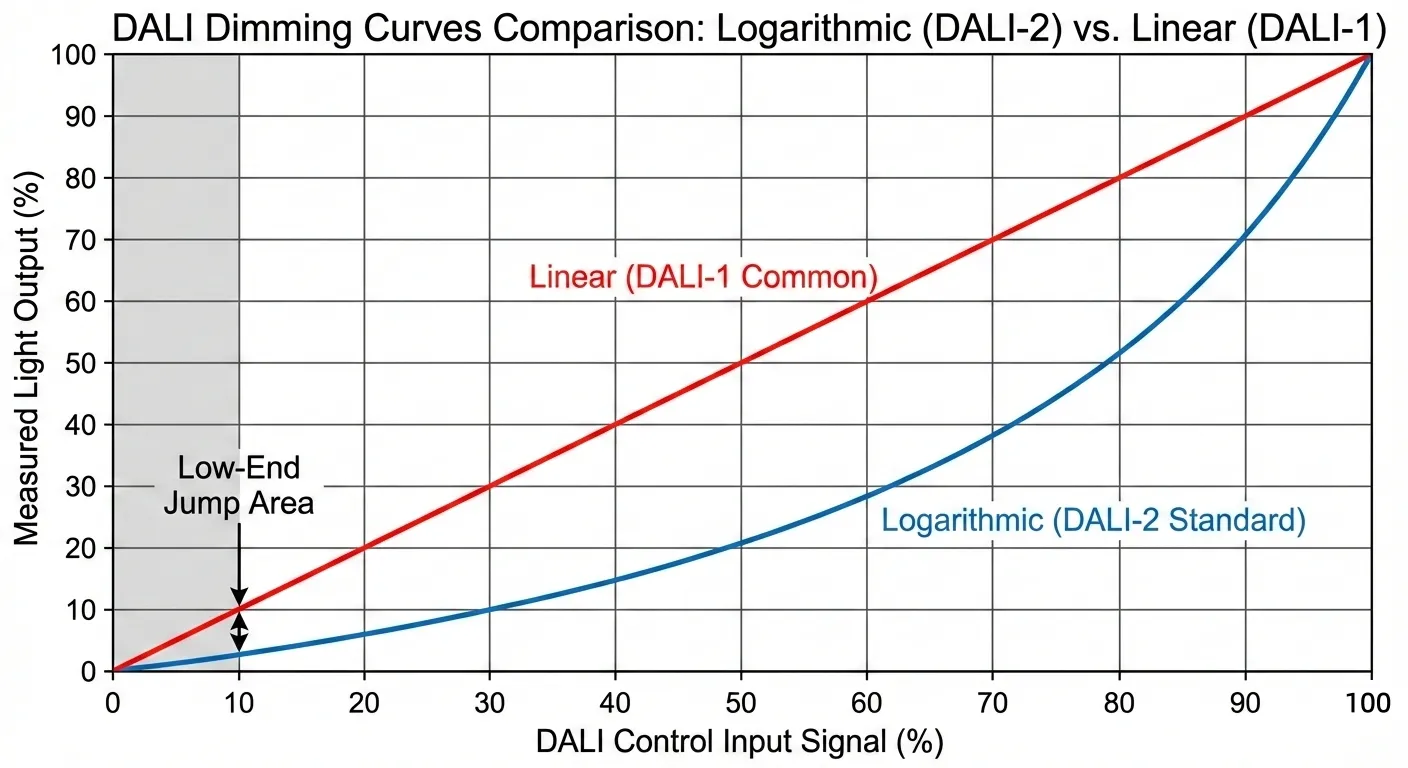 DALI-2 logarithmic dimming curve vs DALI-1 linear curve comparison