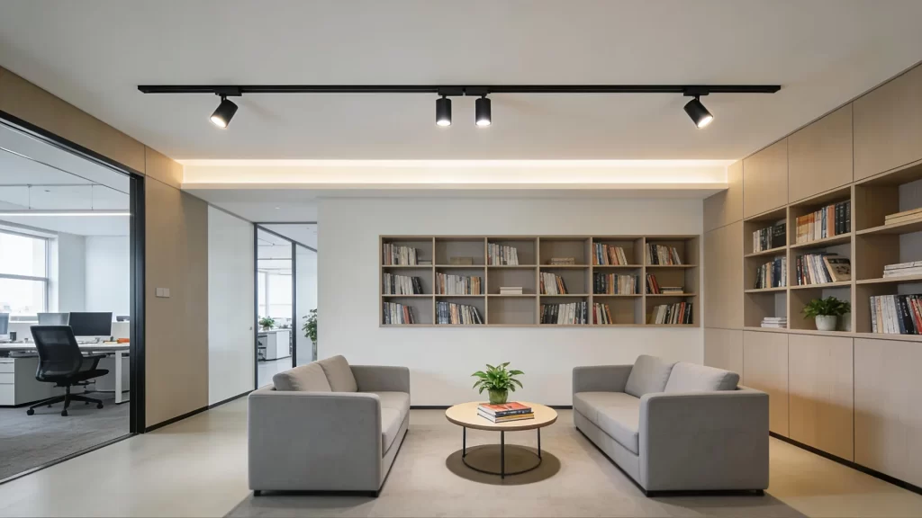 Modern office space illuminated by DALI Track Lighting for Offices