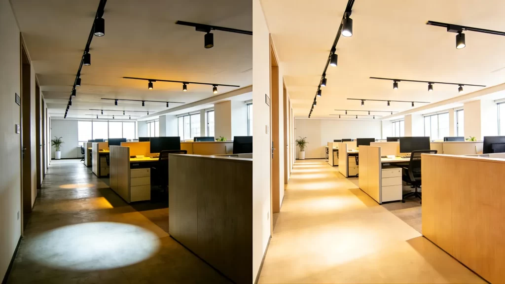 Office lighting before and after DALI Track Lighting for Offices installation