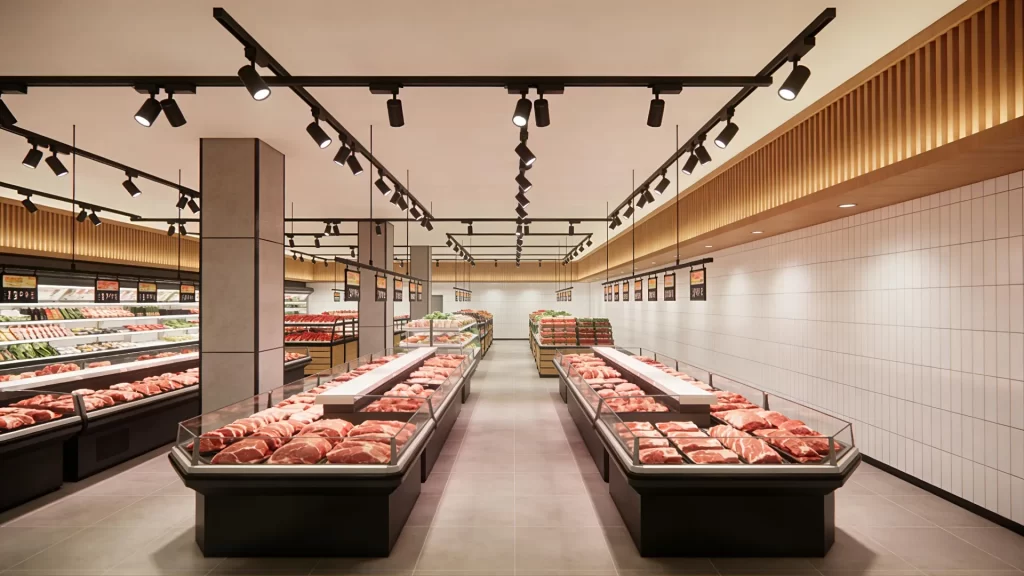 supermarket meat lighting with LED track lighting