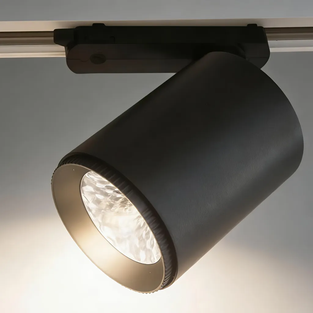 Close-up of a manufacturer-grade DALI track head installed on a 5-wire track system.