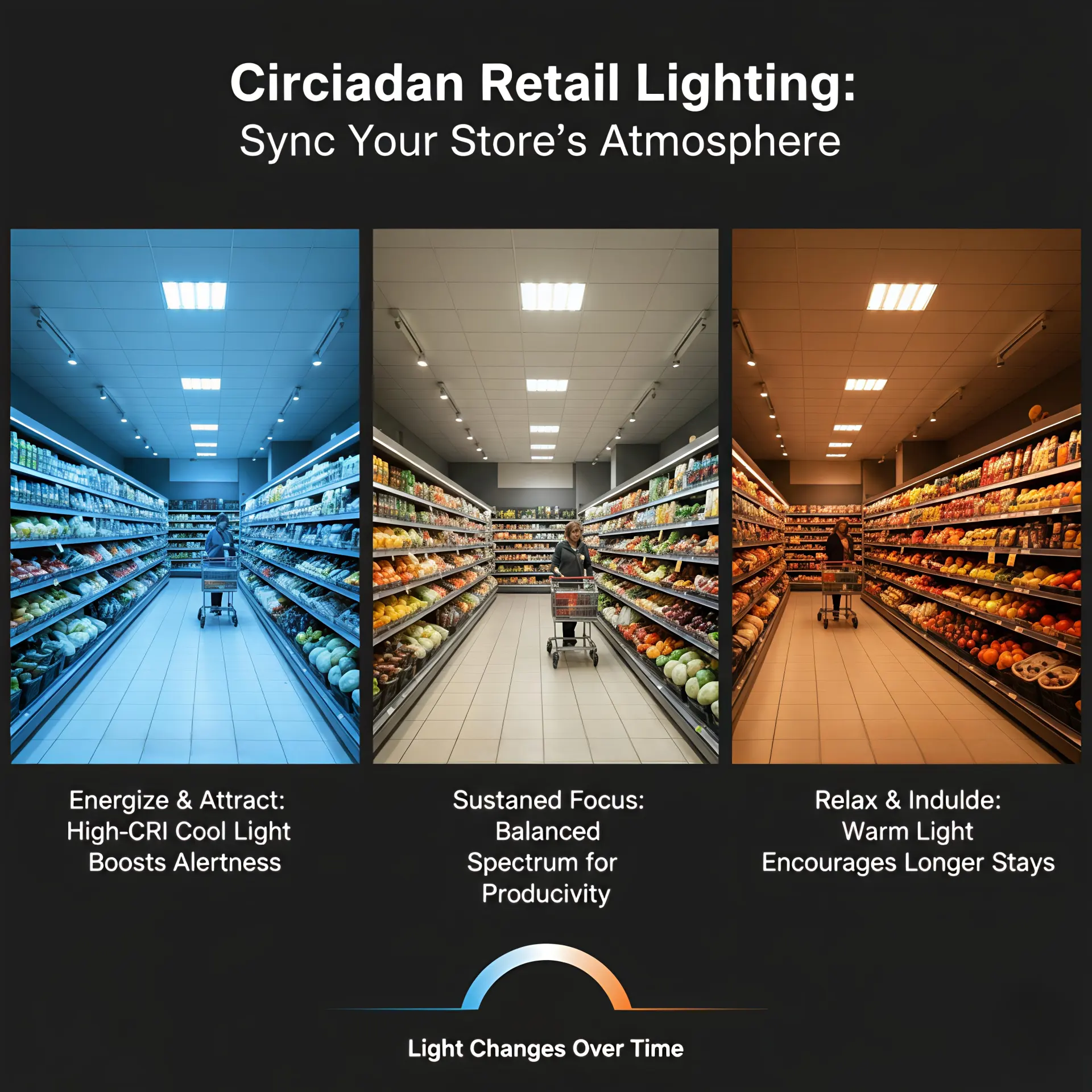 Circadian lighting design in retail spaces adapting light color temperature throughout the day