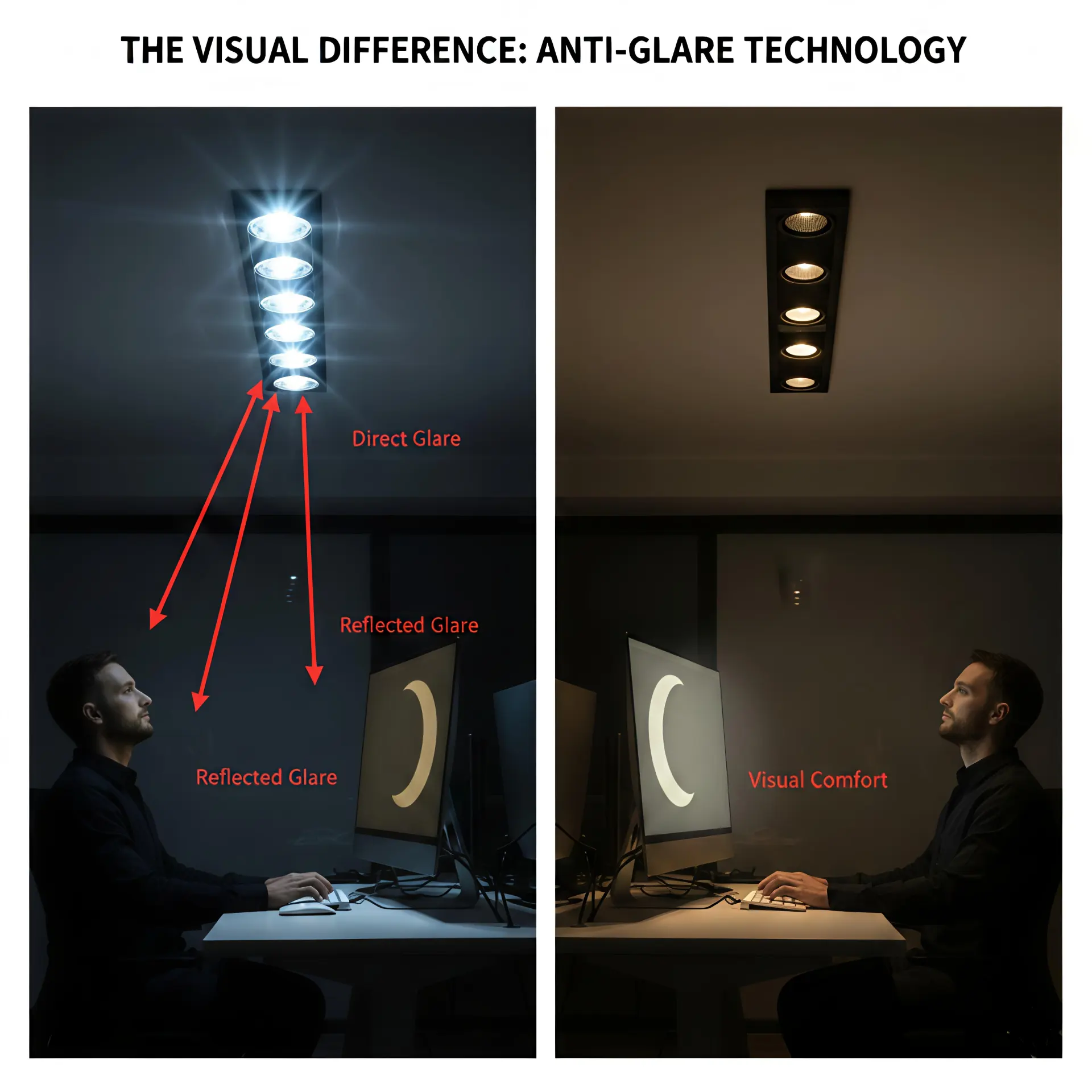 Comparison showing direct glare and reflected glare in standard LED lighting versus anti glare LED lighting design