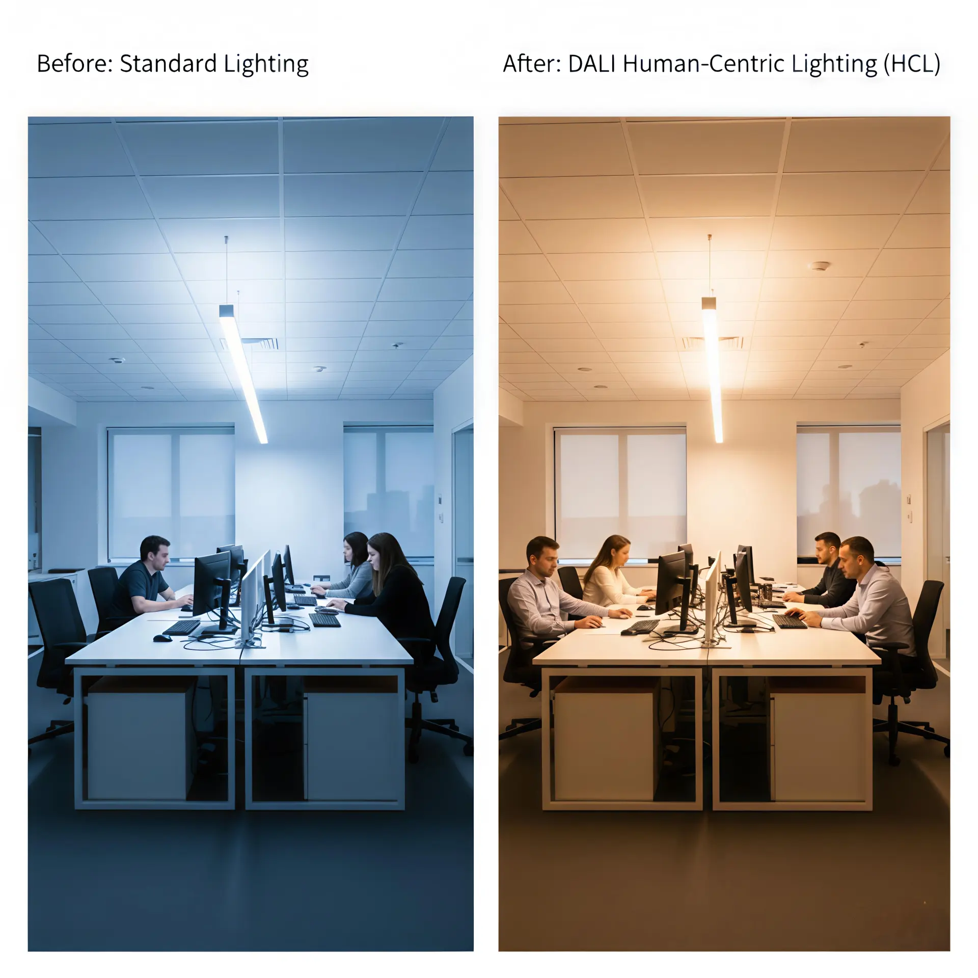 Comparison between conventional lighting and DALI Human-Centric Lighting showing improved visual comfort