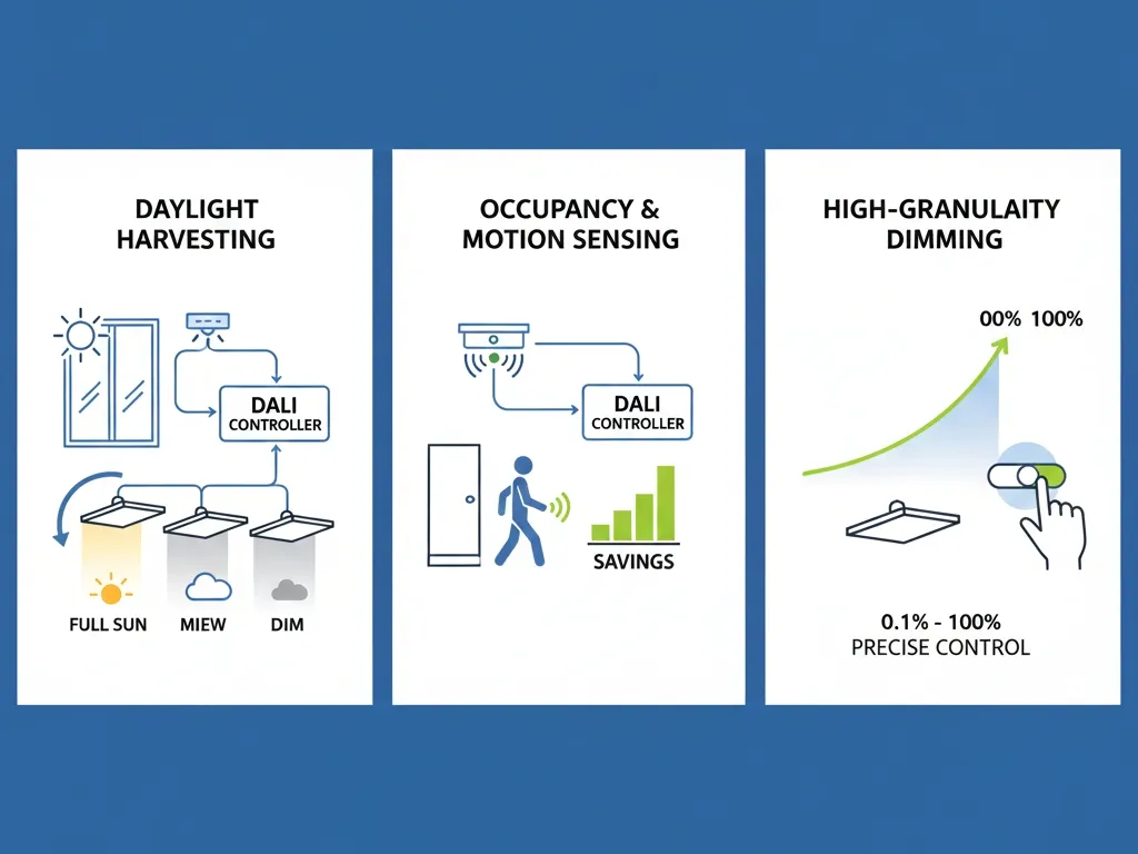 Diagram illustrating DALI-2 core energy-saving technologies: daylight harvesting, occupancy sensing, and high-granularity dimming for Energy Savings in Lighting