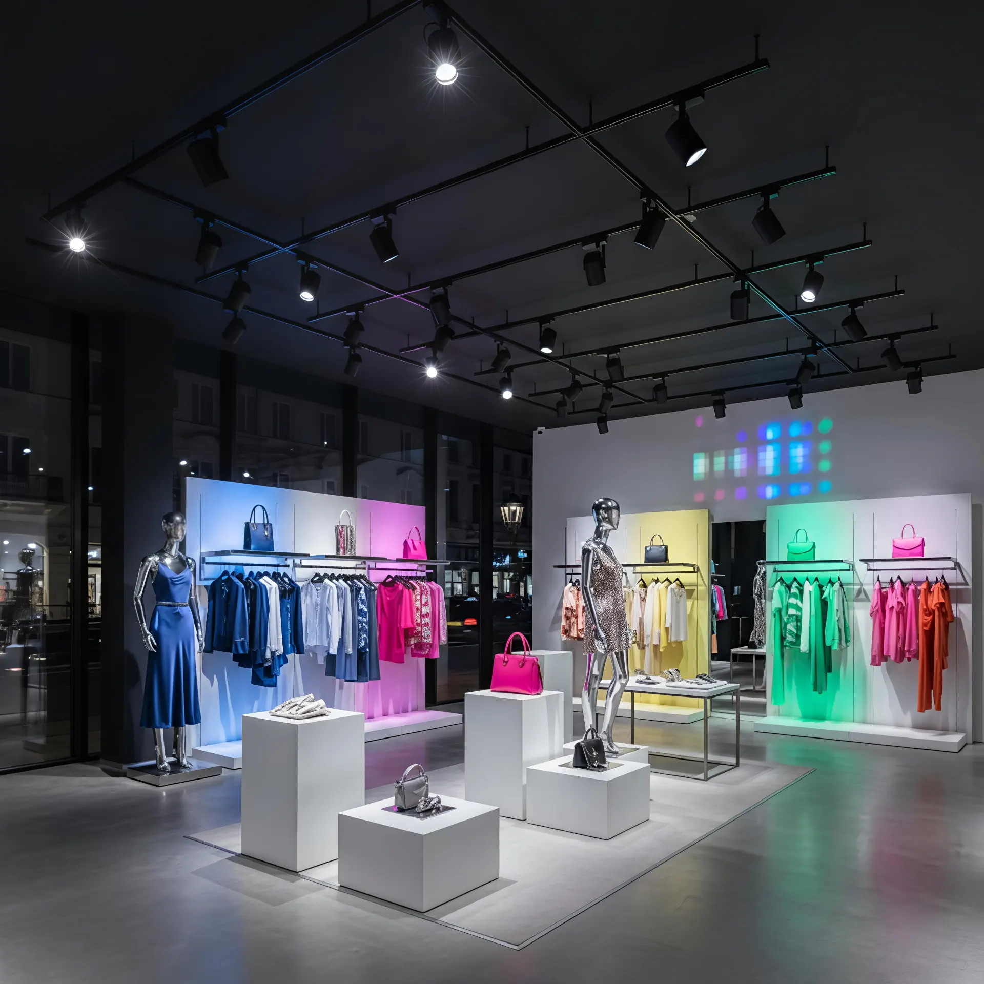 DMX512 RGBW track lights highlighting products in a premium retail store with precise color control.