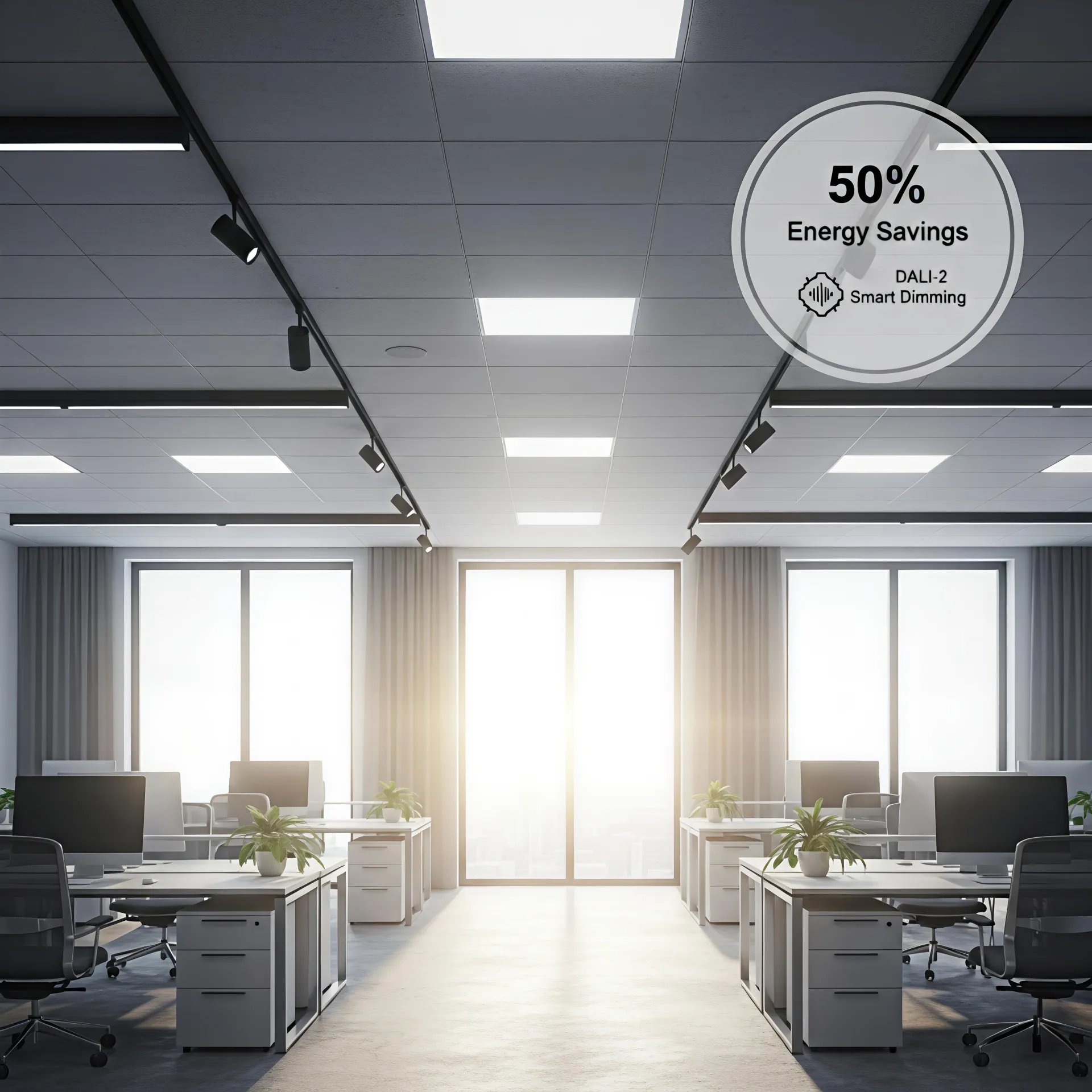 Modern office interior showing DALI-2 smart lighting with daylight harvesting and dimming, representing 50% Energy Savings in Lighting