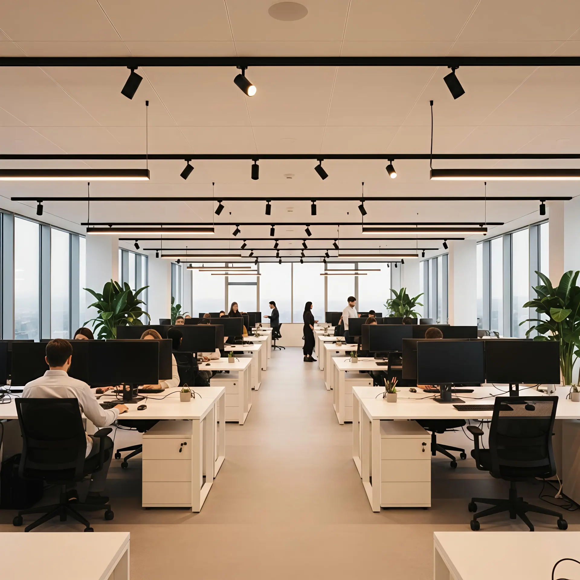 Open-plan office featuring Healthy Commercial Lighting with uniform illumination and glare-free design supporting productivity