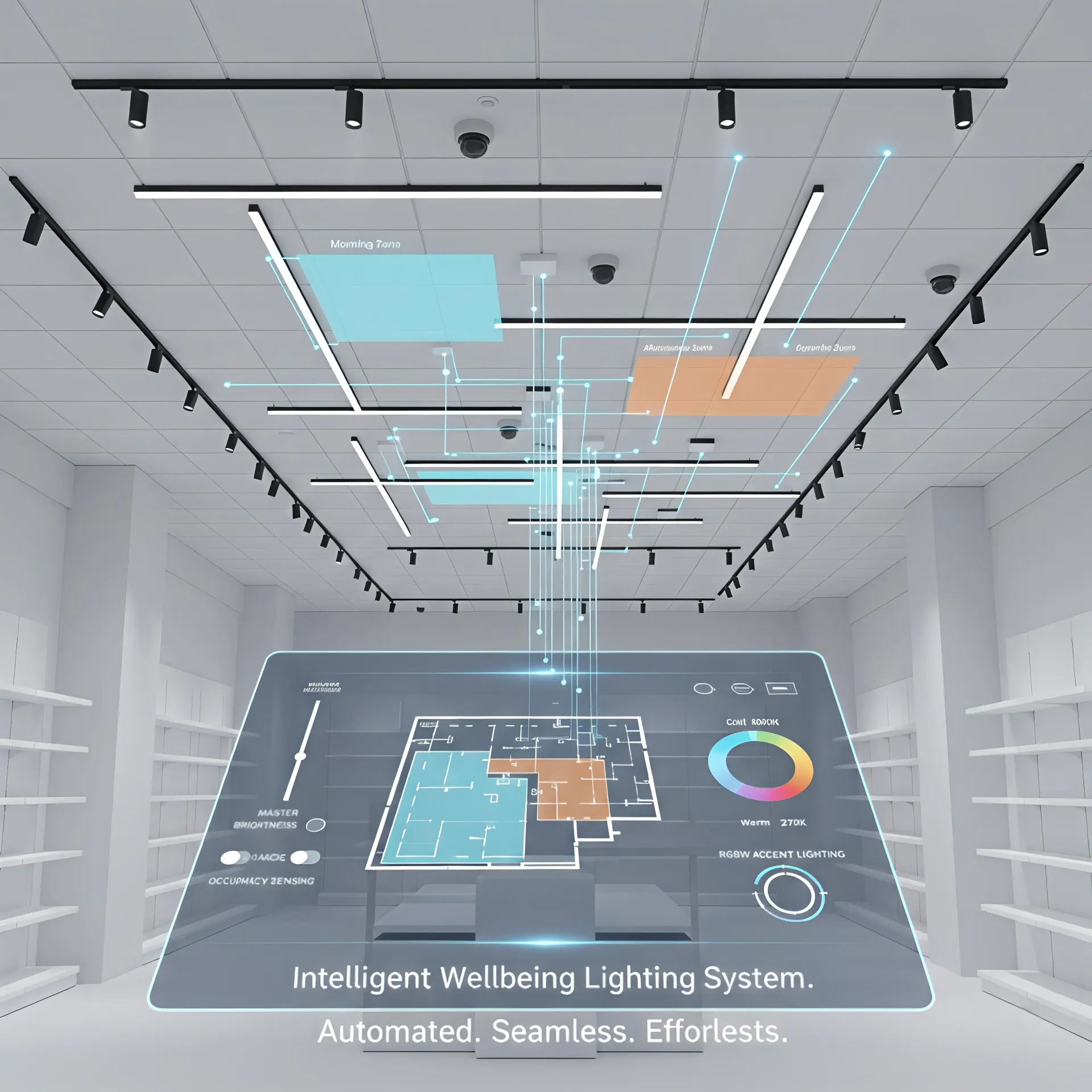 Smart retail lighting control system supporting Wellbeing Lighting Design with sensors and automation