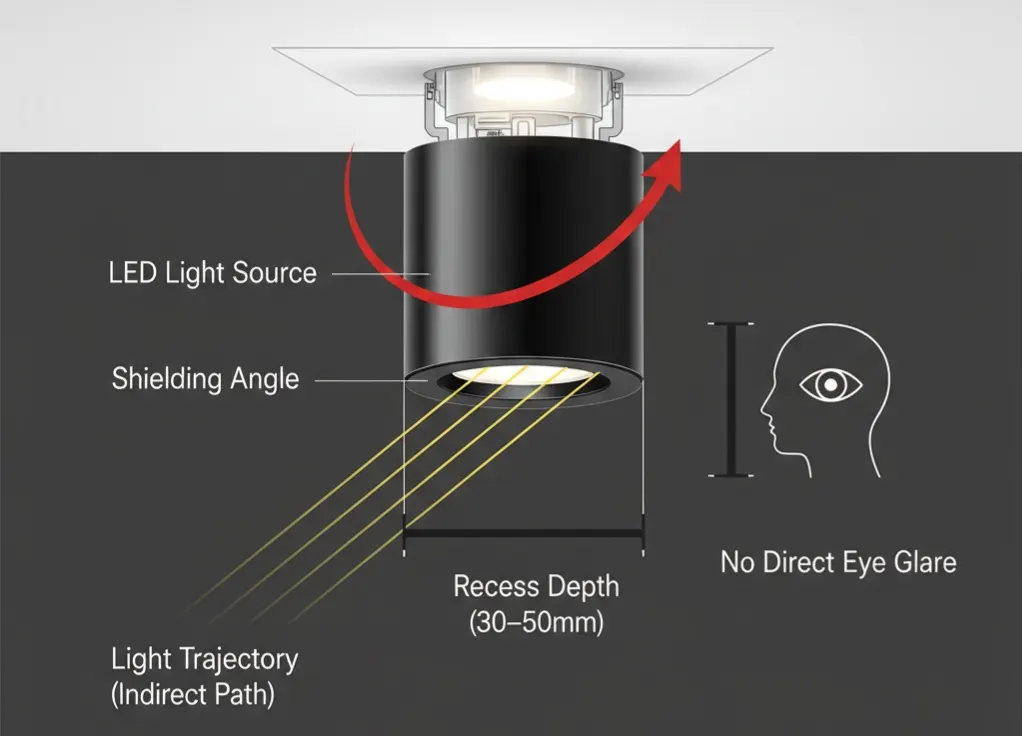 Deep recessed anti glare LED lighting structure showing shielding angle and recessed light source design