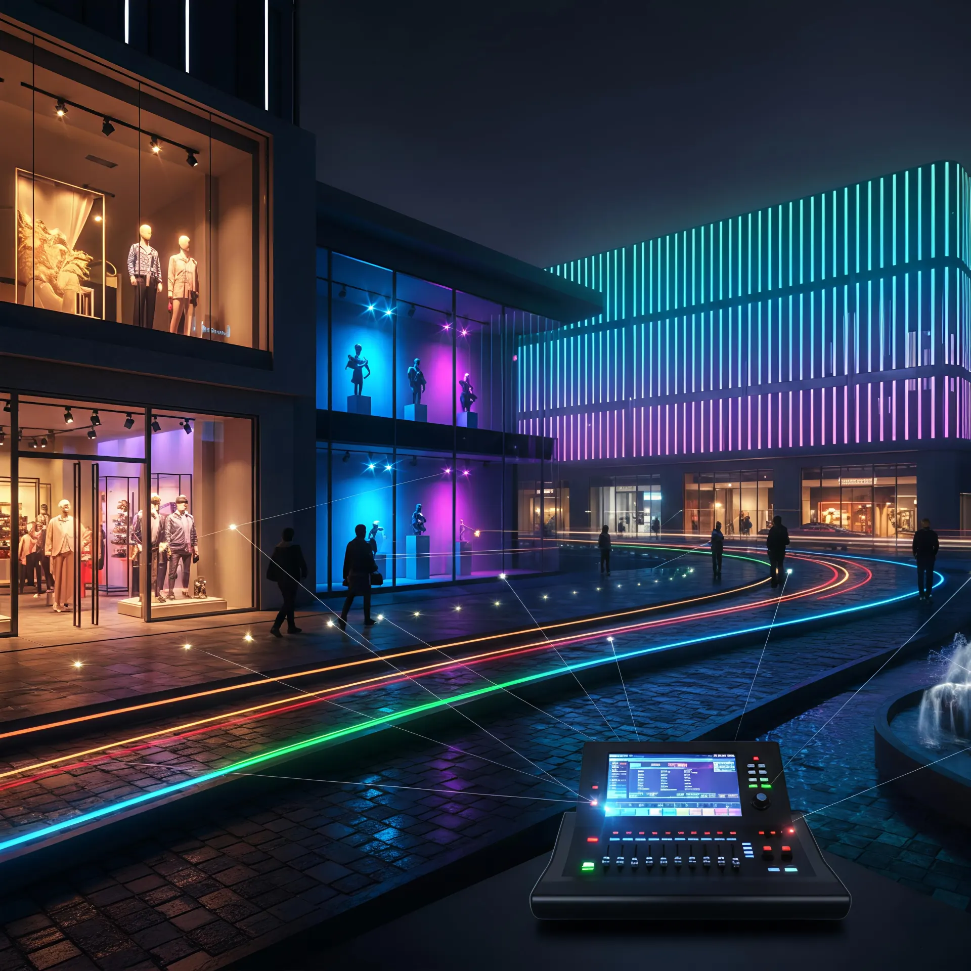 DMX512 RGBW track, down, and linear lights working together across retail, landscape, and exhibition spaces.