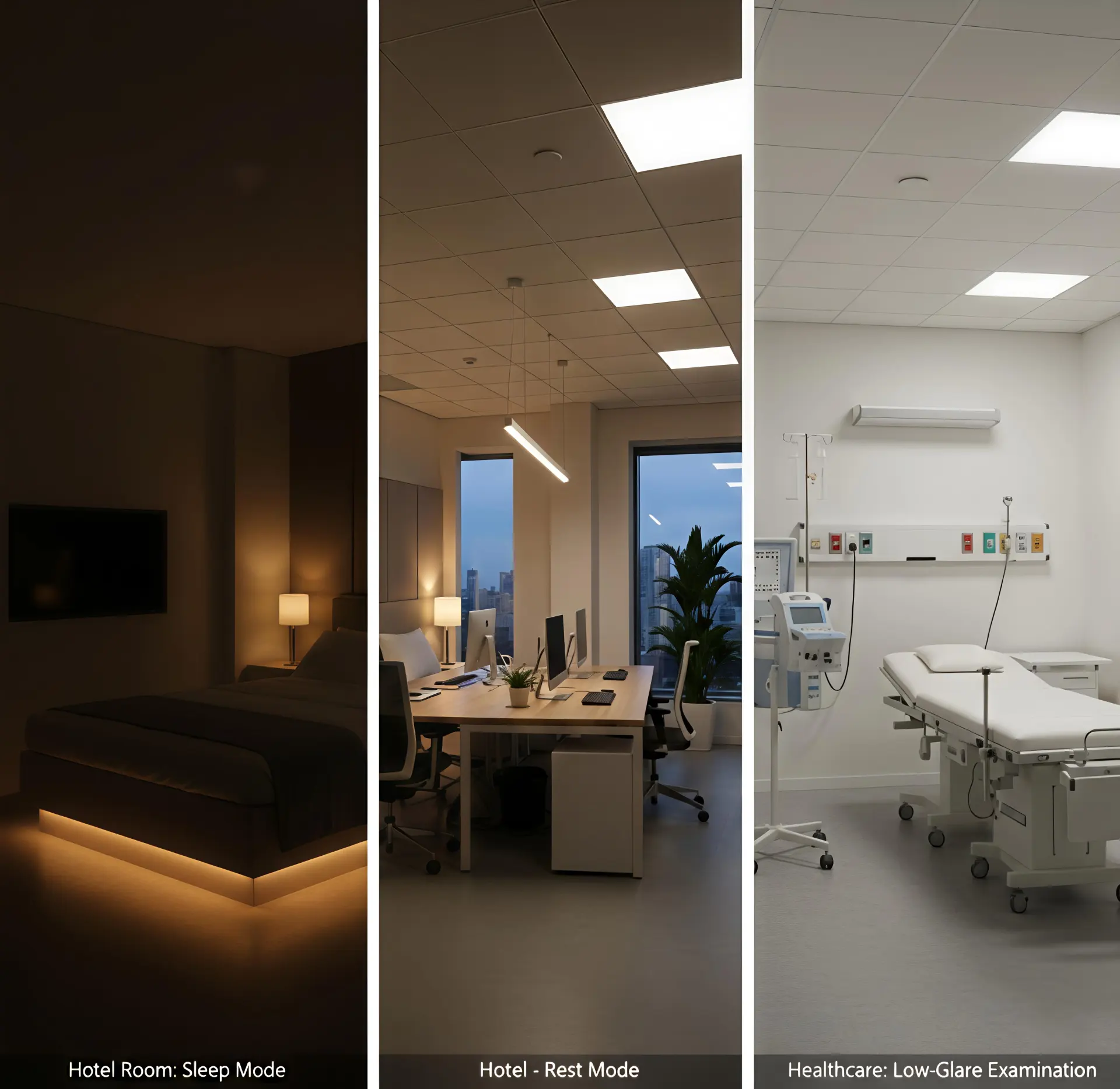 DALI DT8 Smart LED Downlights used in hotel rooms and healthcare facilities, showing tunable white and low glare lighting for comfort and clinical accuracy.