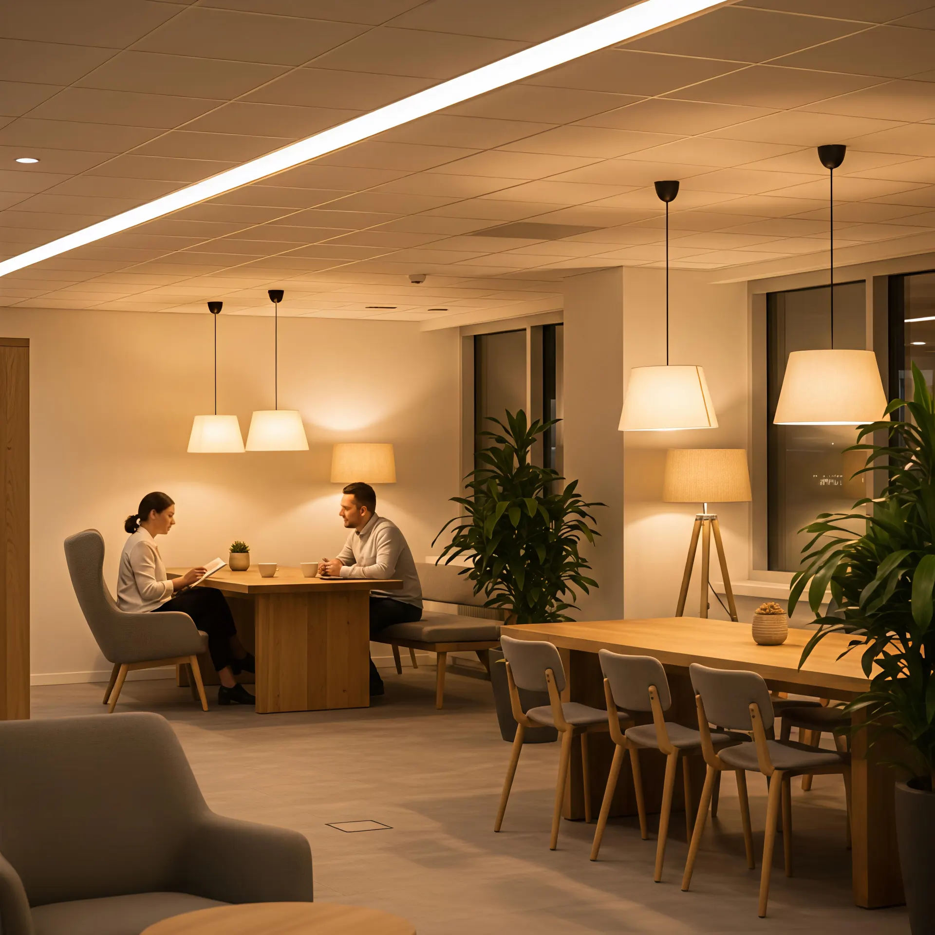 Relaxation and social area illuminated with Healthy Commercial Lighting providing warm, low-color-temperature lighting for comfort and well-being
