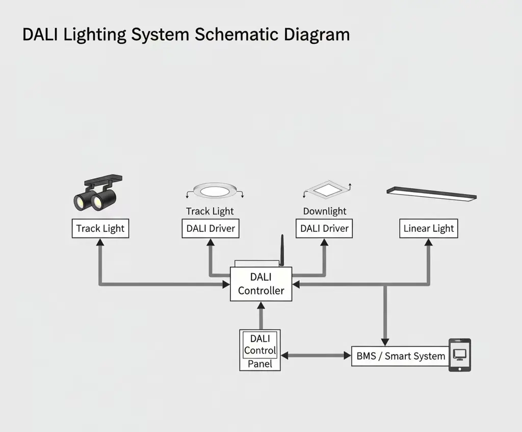 Flexibilidade do controle de iluminação DALI alcançada por meio da integração de luminárias, Pilotos, e sistemas de controle