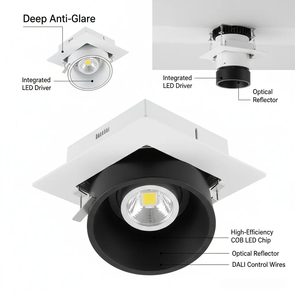Professional DALI dimmable LED downlight with integrated driver for commercial lighting projects
