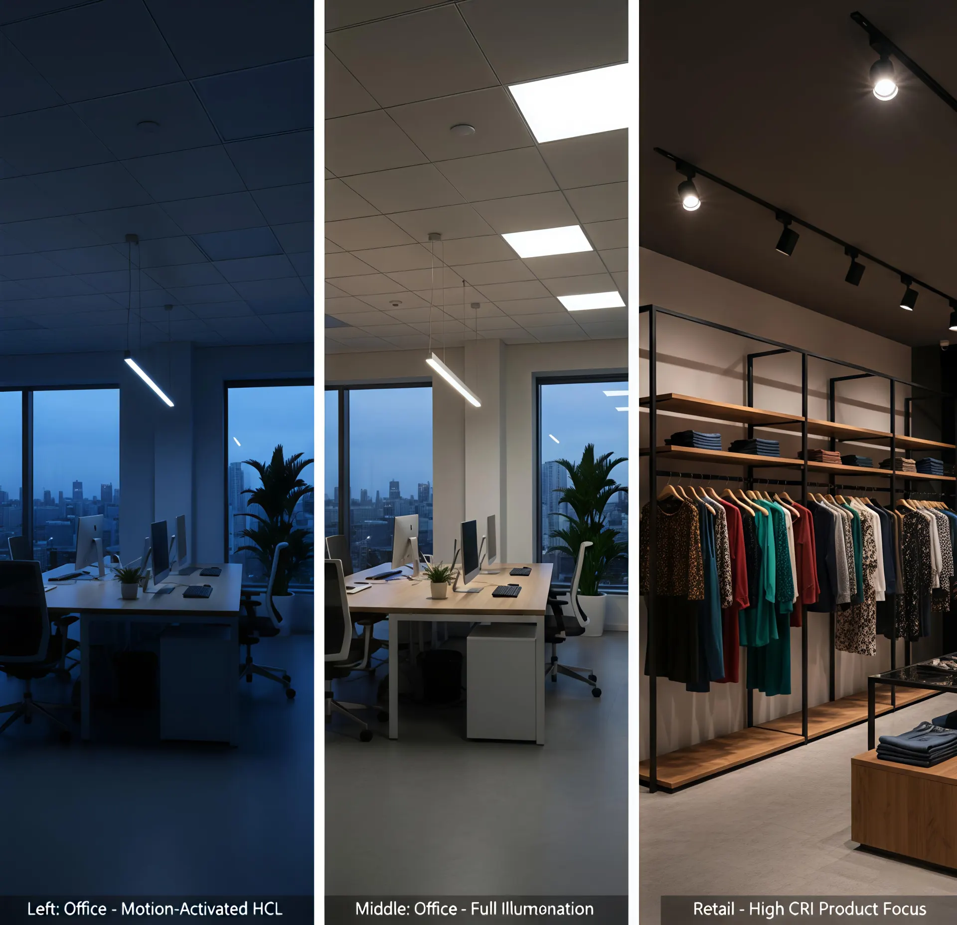 Applications in office and retail spaces, highlighting human-centric lighting and high CRI illumination for products.