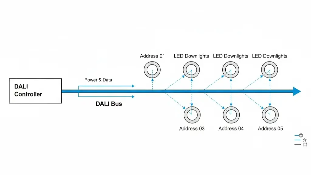 Diagram showing how a DALI lighting control system manages multiple LED downlights individually