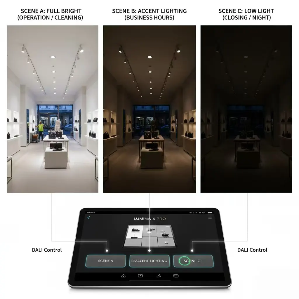 DALI dimming scenes applied to commercial track lighting installations