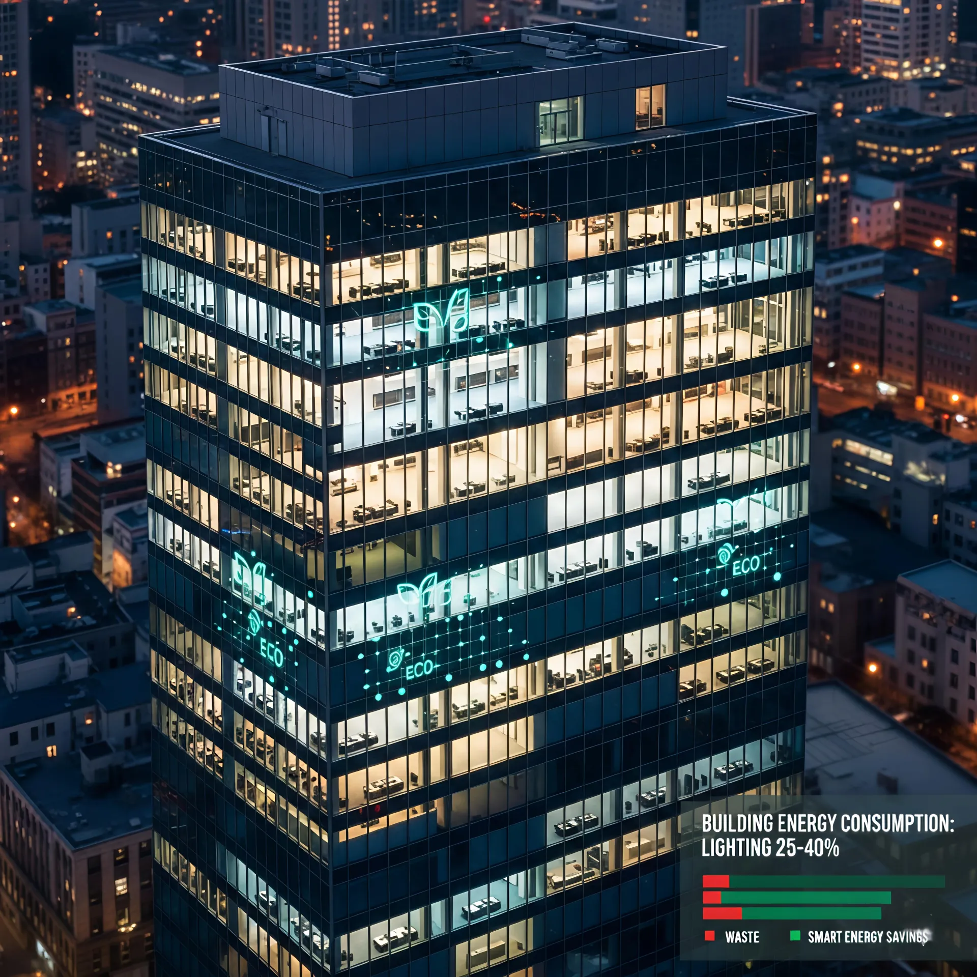 Modern office building with varying light levels indicating energy consumption differences