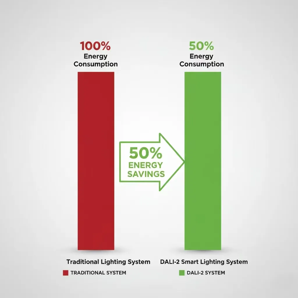 Comparison chart showing traditional lighting energy consumption versus DALI-2 intelligent lighting, highlighting 50% Energy Savings in Lighting