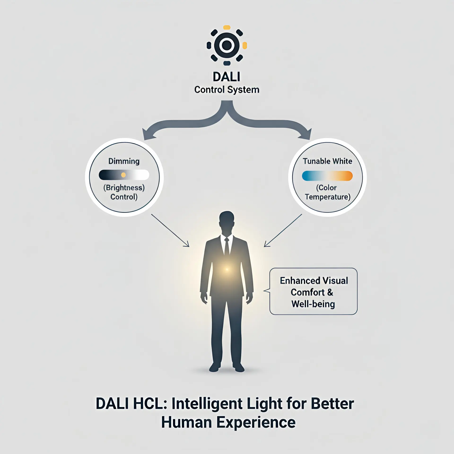Diagram showing how DALI Human-Centric Lighting adjusts brightness and color temperature based on human needs