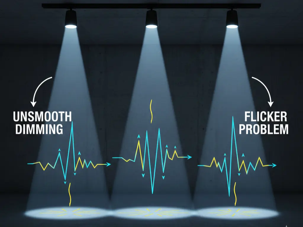 Illustration showing flicker and uneven dimming in DALI track lighting at low brightness