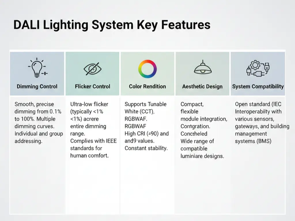 Table illustrating key evaluation criteria for DALI track lighting for lighting designers