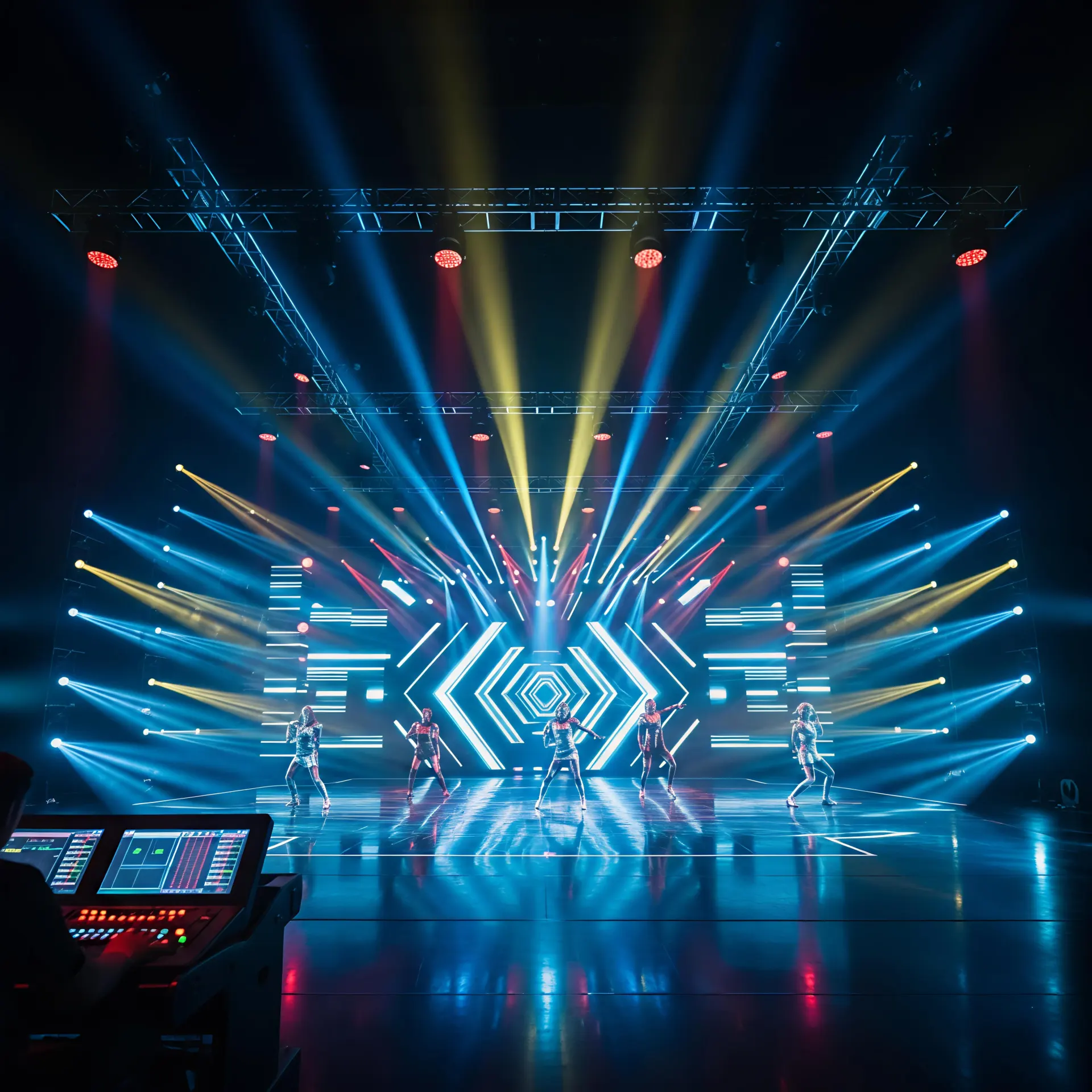 Stage performance with DMX512 LED Lighting, featuring track lights and downlights synchronized with music for dynamic color and brightness effects.