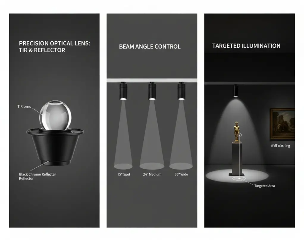 Optical system of anti glare LED lighting with TIR lens and reflector for precise beam angle control