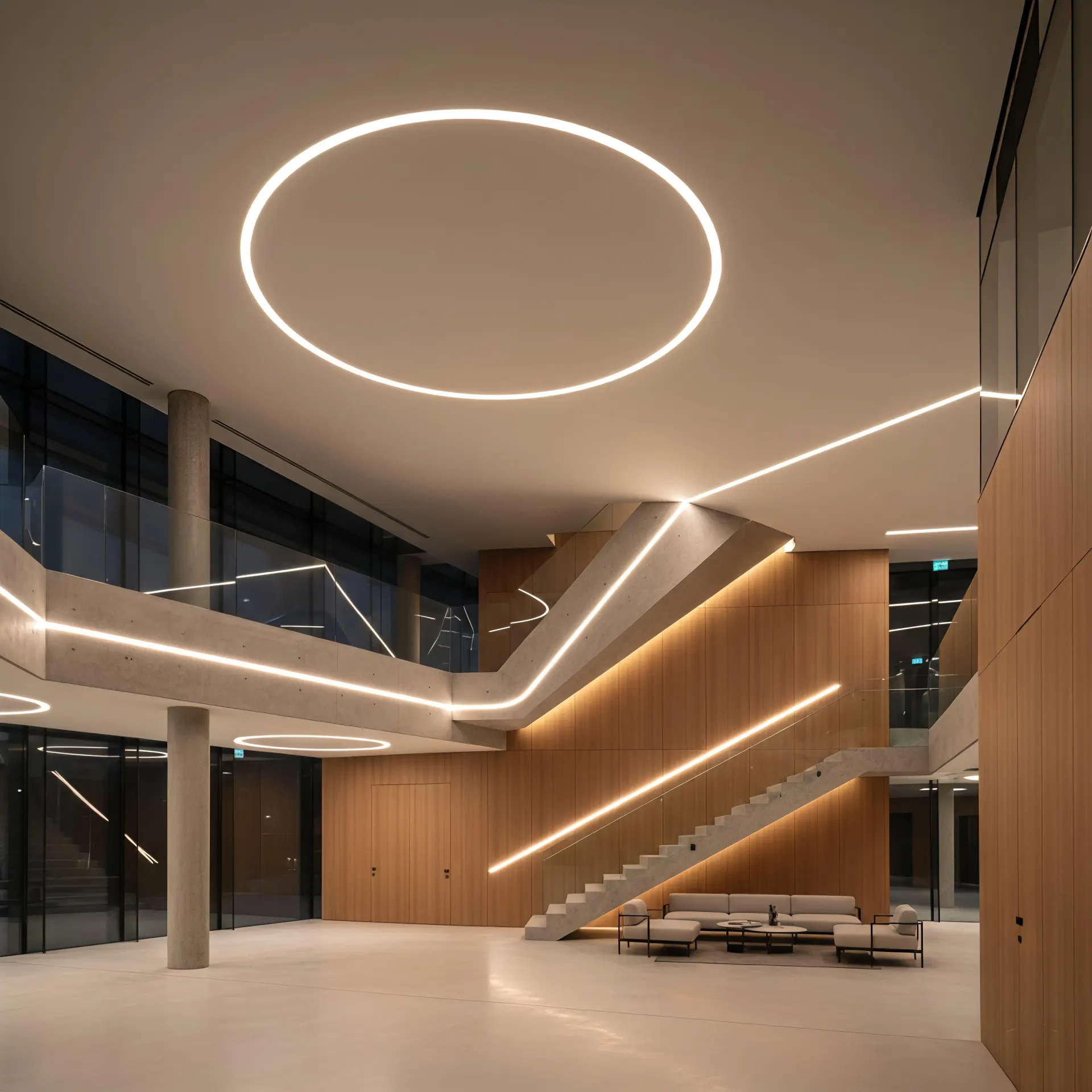 Unregelmäßig geformte, individuelle lineare Beleuchtung, die architektonischen Kurven und Geometrien folgt