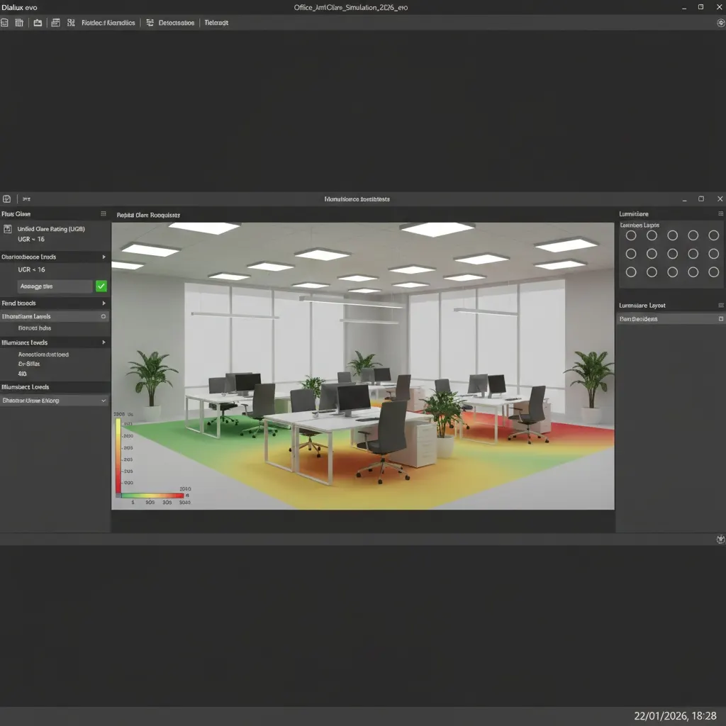 Lighting simulation showing UGR calculation and layout in a commercial space