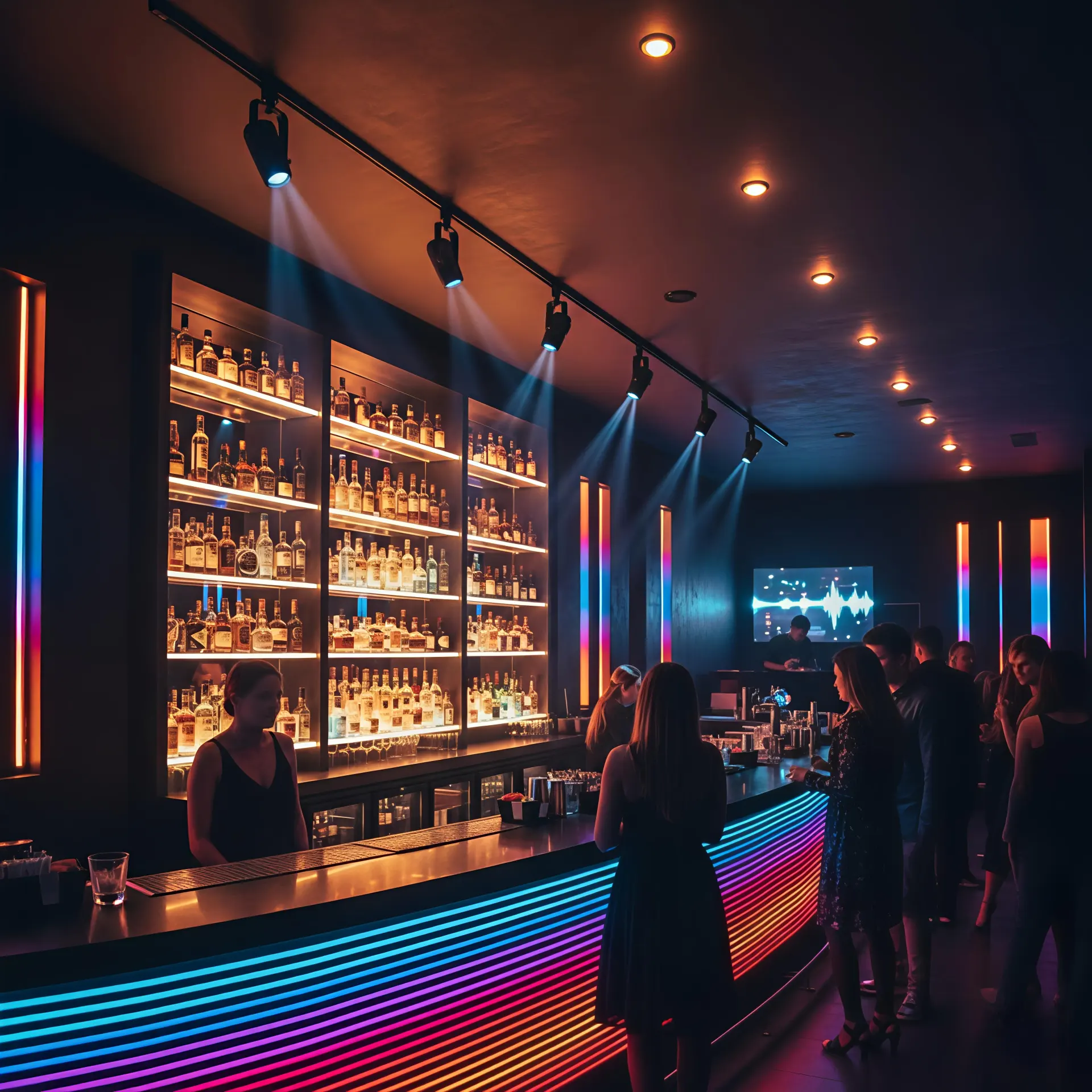 Bar interior with DMX512 track lights and linear LED lighting, creating immersive experiences with rhythm-based dynamic lighting effects.