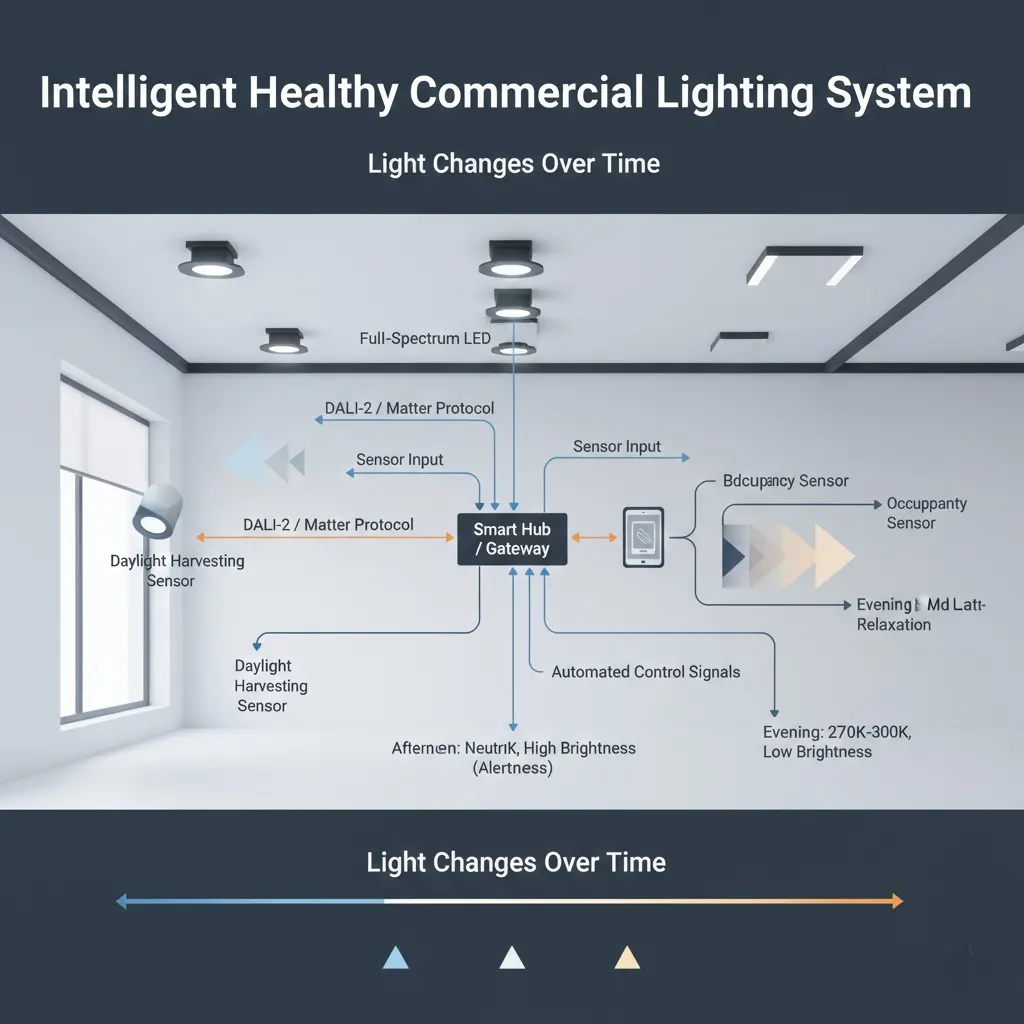 Illustration of Healthy Commercial Lighting technical setup with full-spectrum LEDs, smart DALI-2 control, and sensor integration for dynamic lighting