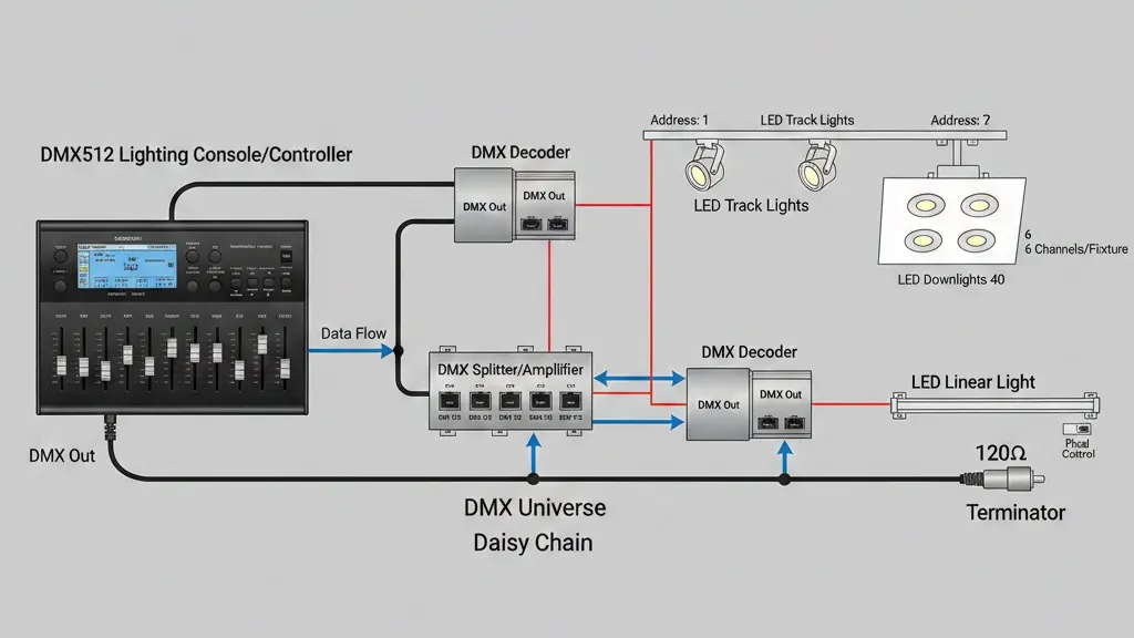 Diagram showing DMX512 LED Lighting control system with controllers connected to track lights, downlights, and linear lights.