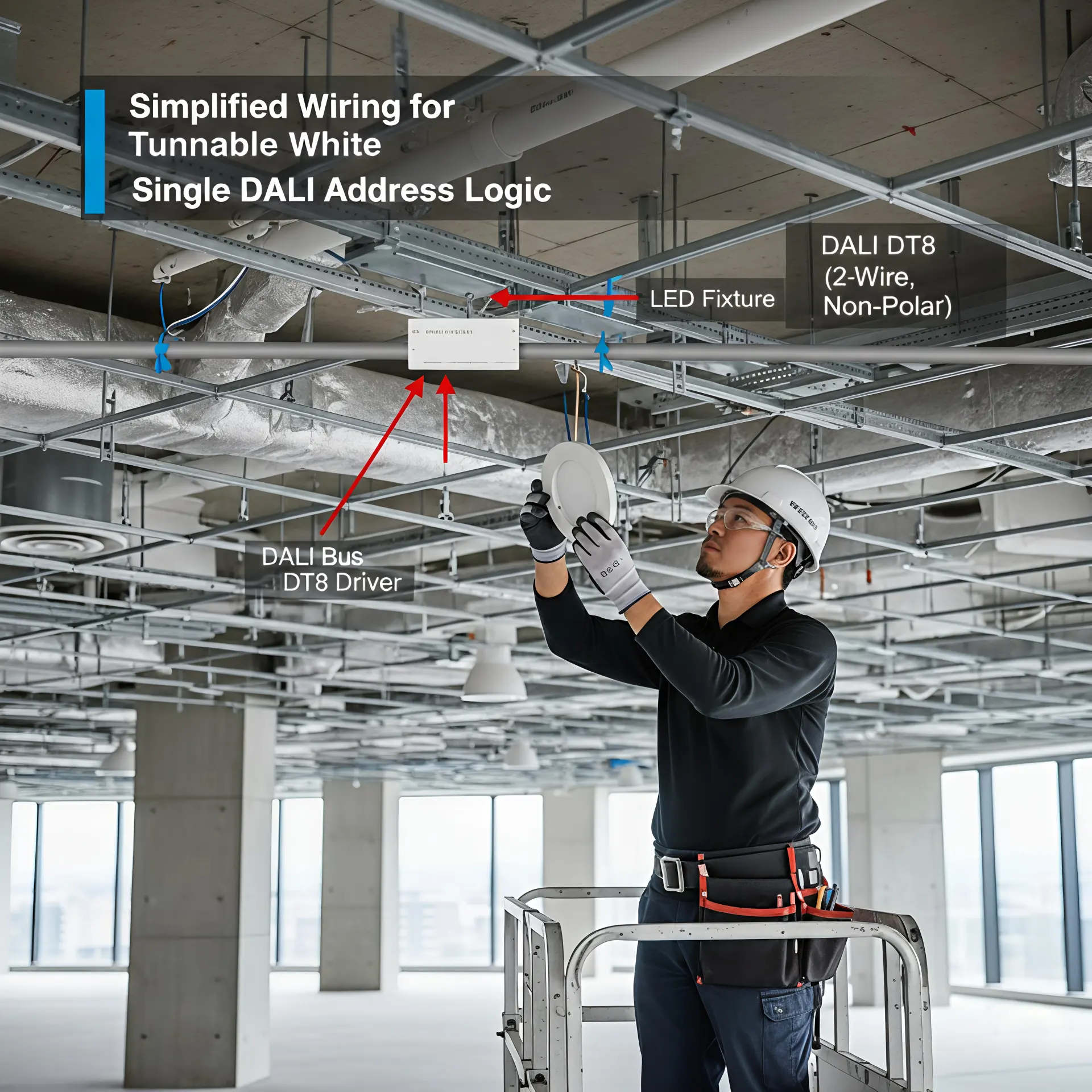 Installation and wiring of DALI DT8 Smart LED Downlights showing two-wire DALI bus, driver, and ceiling-mounted LED fixtures.