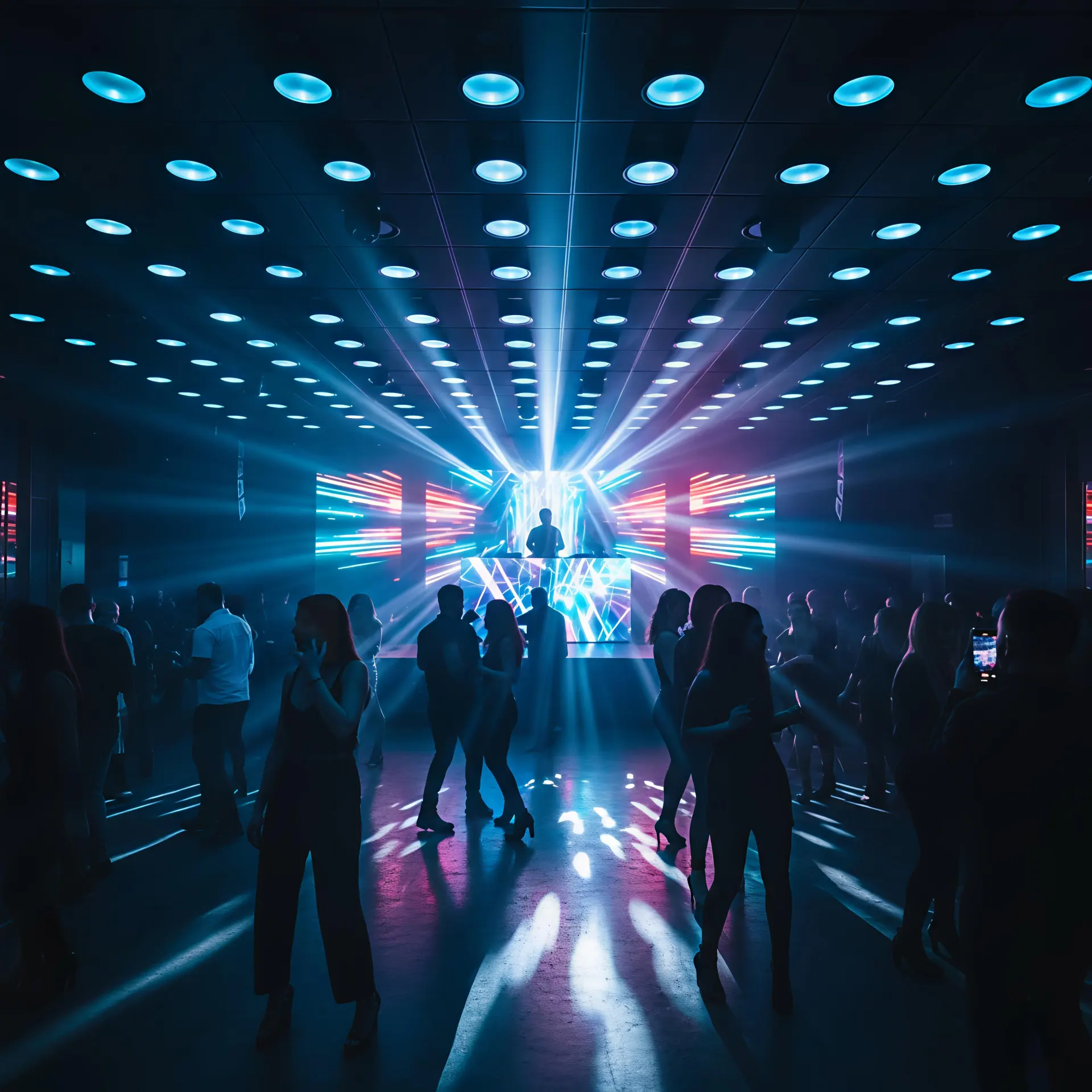 DMX512 RGBW downlights providing smooth color transitions in a modern bar or entertainment venue.