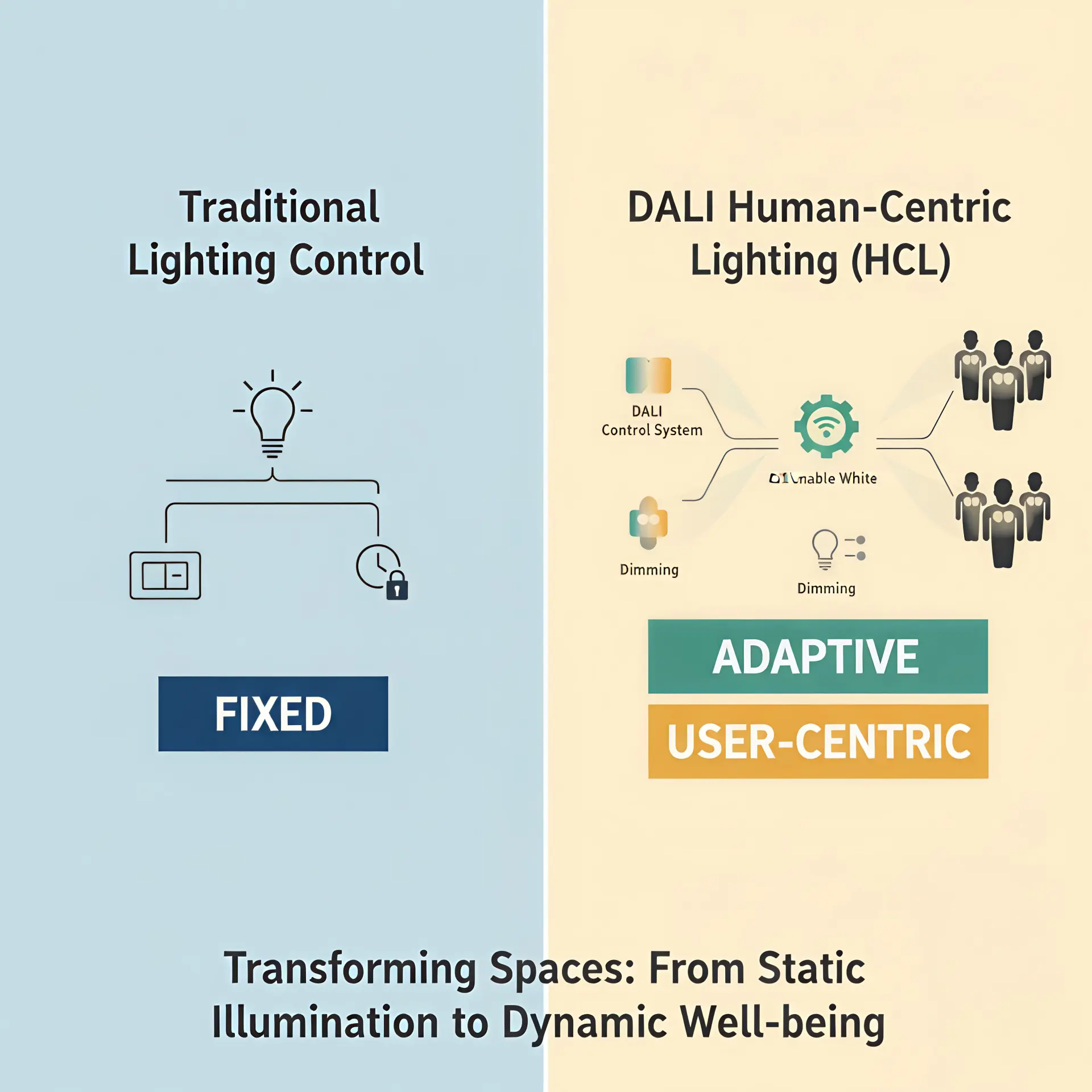 Comparison between conventional lighting and DALI Human-Centric Lighting showing improved visual comfort