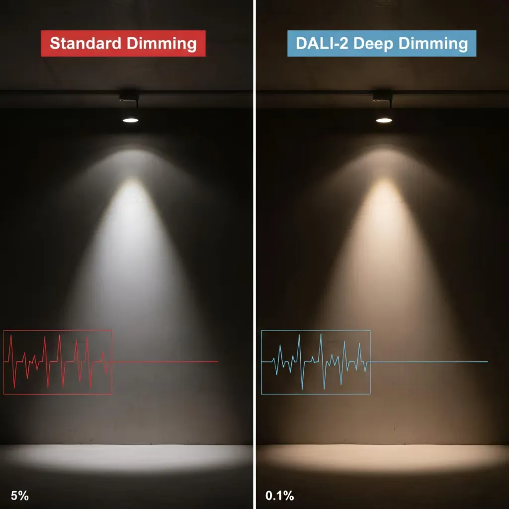 Comparison between standard dimming and 0.1% smooth dimming provided by a DALI-2 track lighting factory.
