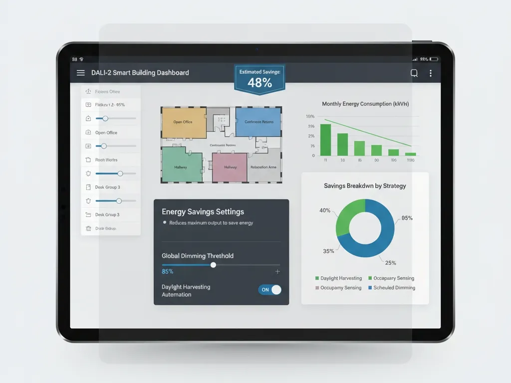 DALI-2 lighting control software interface showing zoning, real-time dimming, and energy-saving thresholds, demonstrating Energy Savings in Lighting implementation
