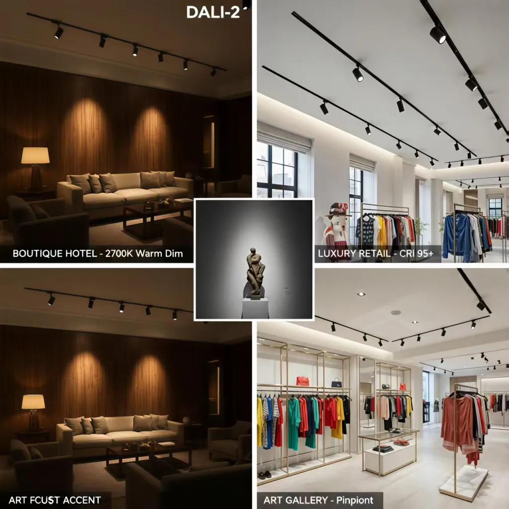 Versatile applications of DALI-2 track lighting in retail, office, and hospitality projects.
