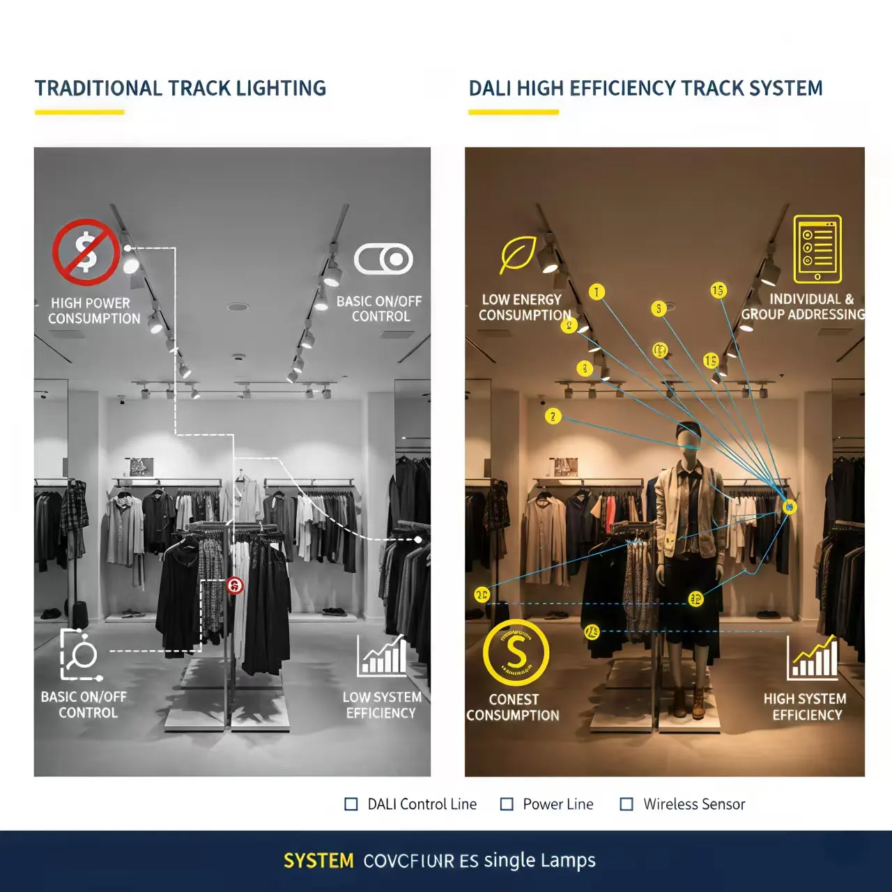 comparison between traditional track lighting and a high efficiency DALI-controlled system