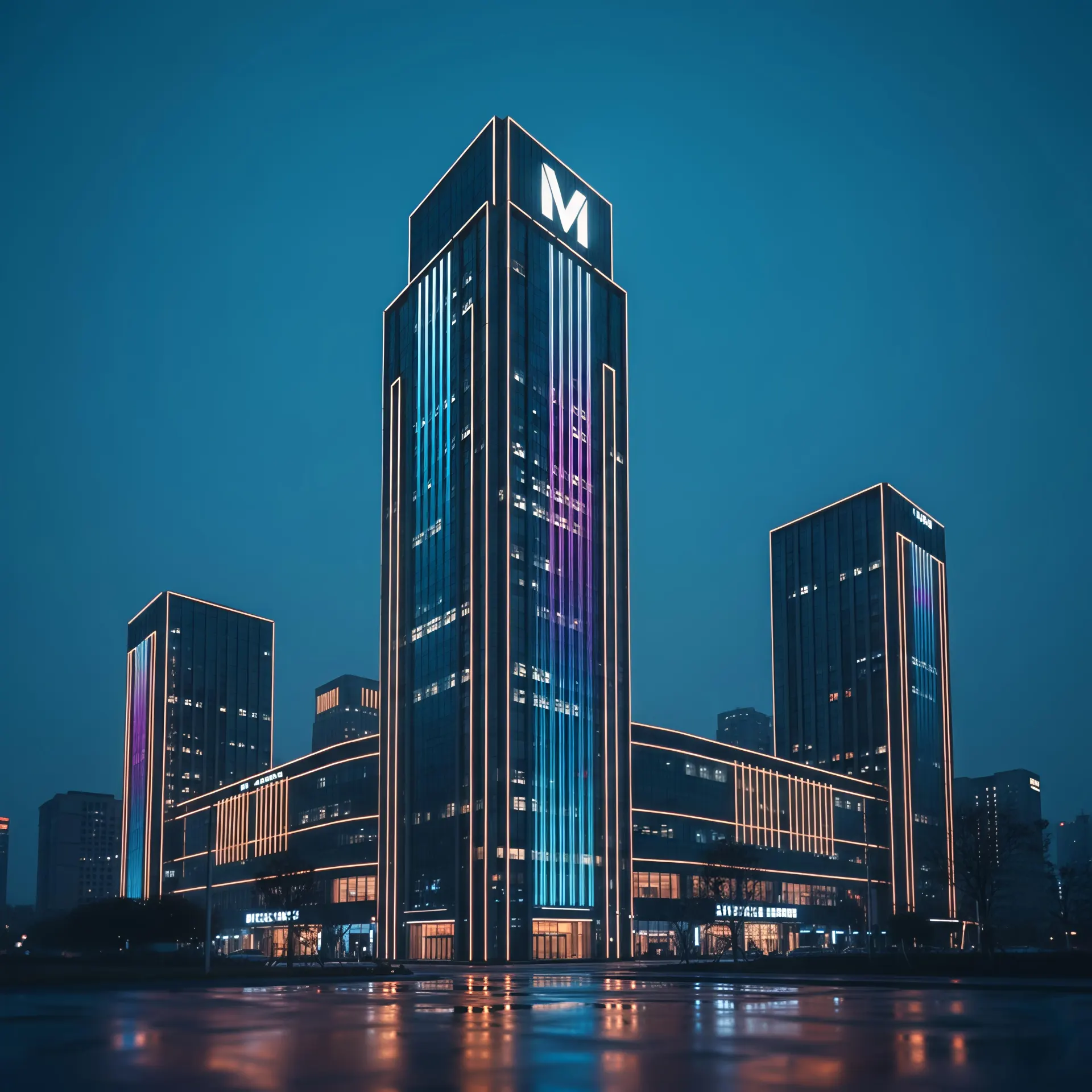 Modern commercial building façade lit with DMX512 linear LED lights, displaying flowing gradient and breathing effects at night.