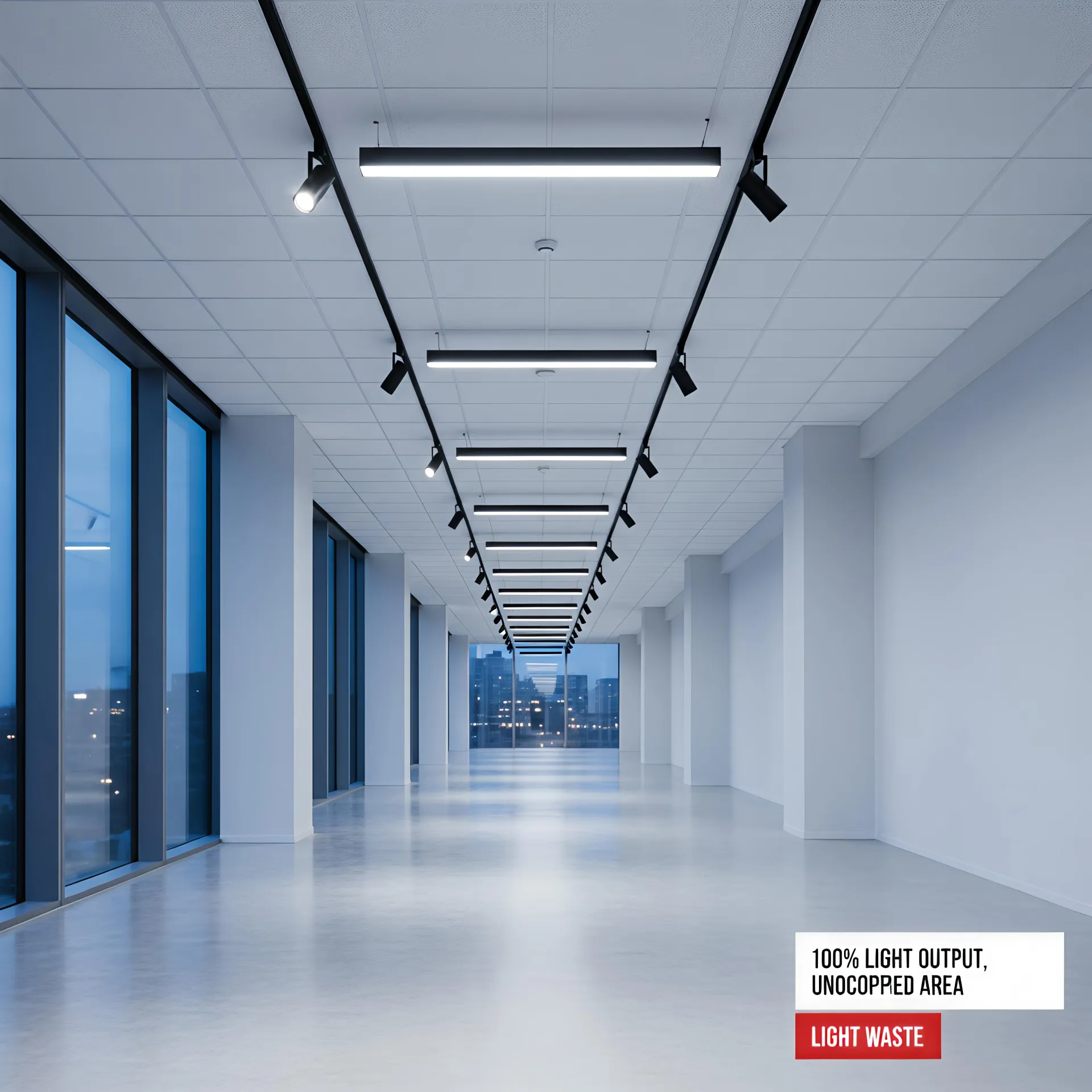 Empty office corridor with lights fully on despite natural daylight