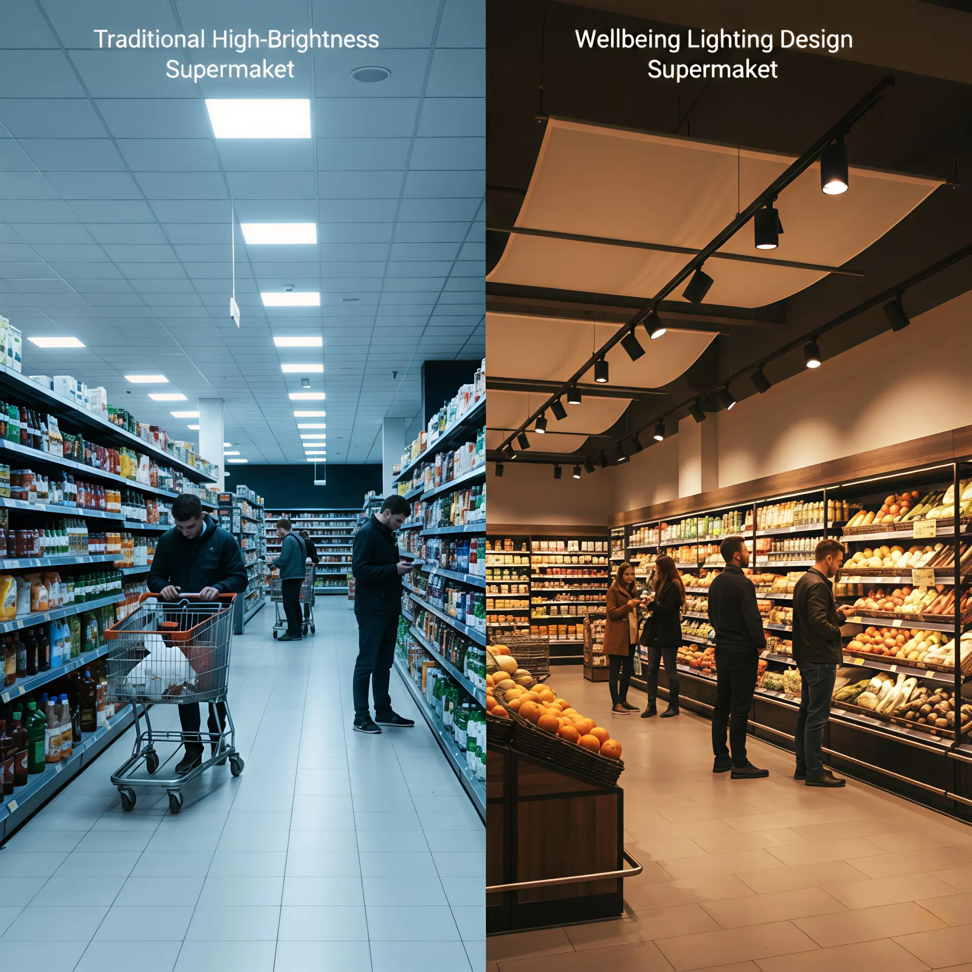 Comparison between conventional retail lighting and Wellbeing Lighting Design showing differences in customer comfort