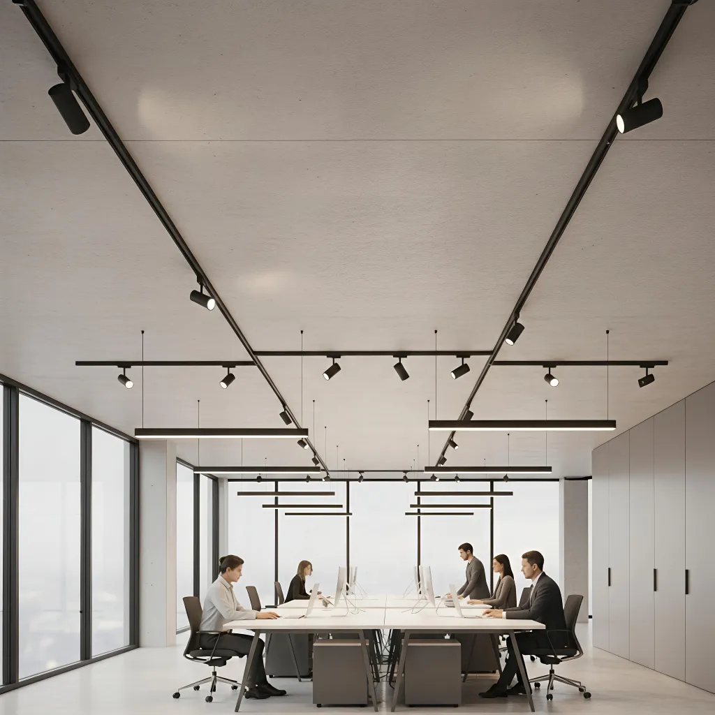 Low UGR glare-free DALI track lighting by Powerstar installed in a modern open-plan office for enhanced employee comfort and productivity.