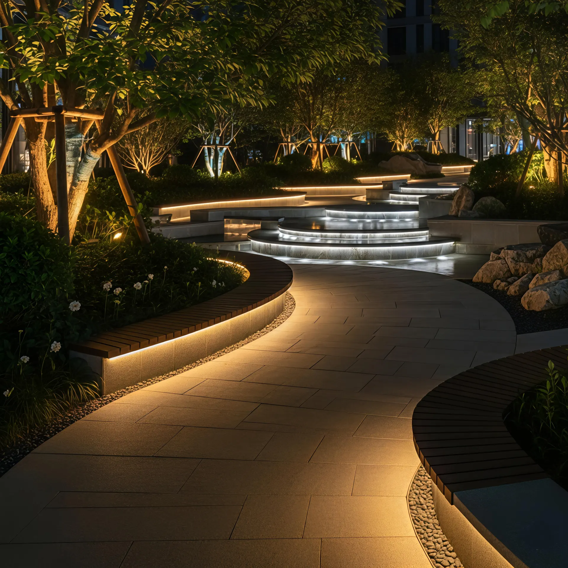 Commercial landscape lighting with DMX512 LED downlights and linear lights, creating smooth color transitions and ambient effects along pathways and water features.