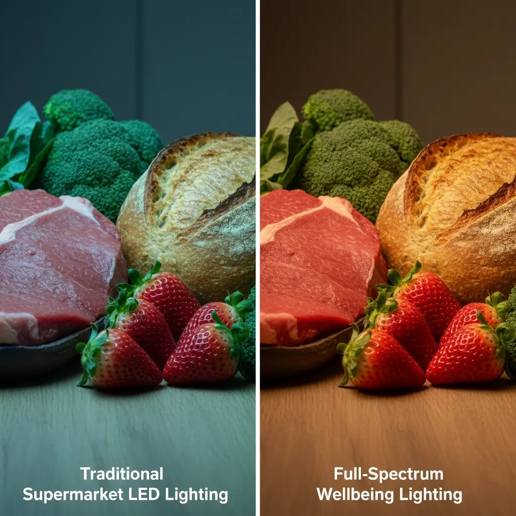 Full spectrum LED lighting in a supermarket enhancing food color and freshness perception