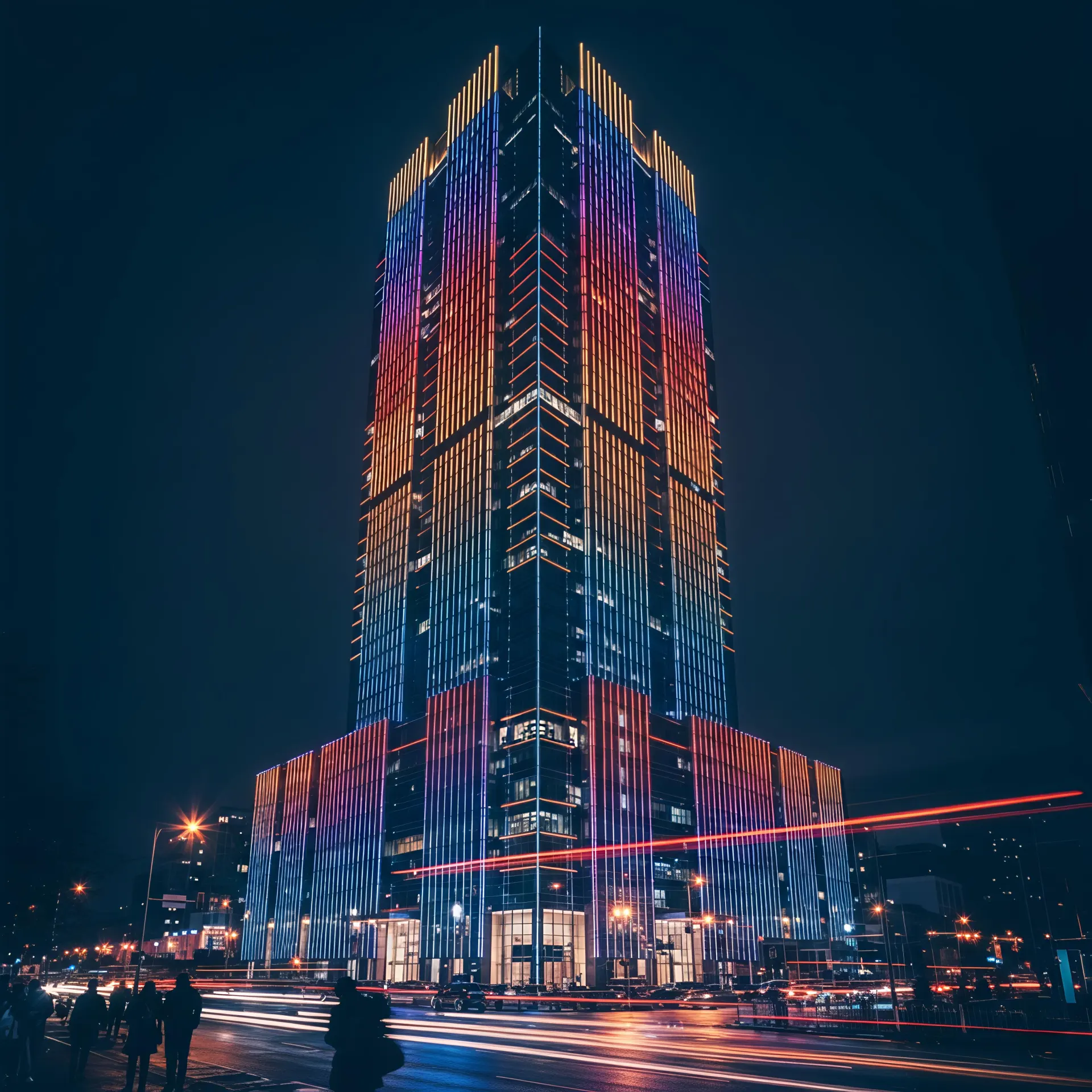 DMX512 RGBW linear lights creating dynamic pixel-controlled effects on a commercial building façade at night.